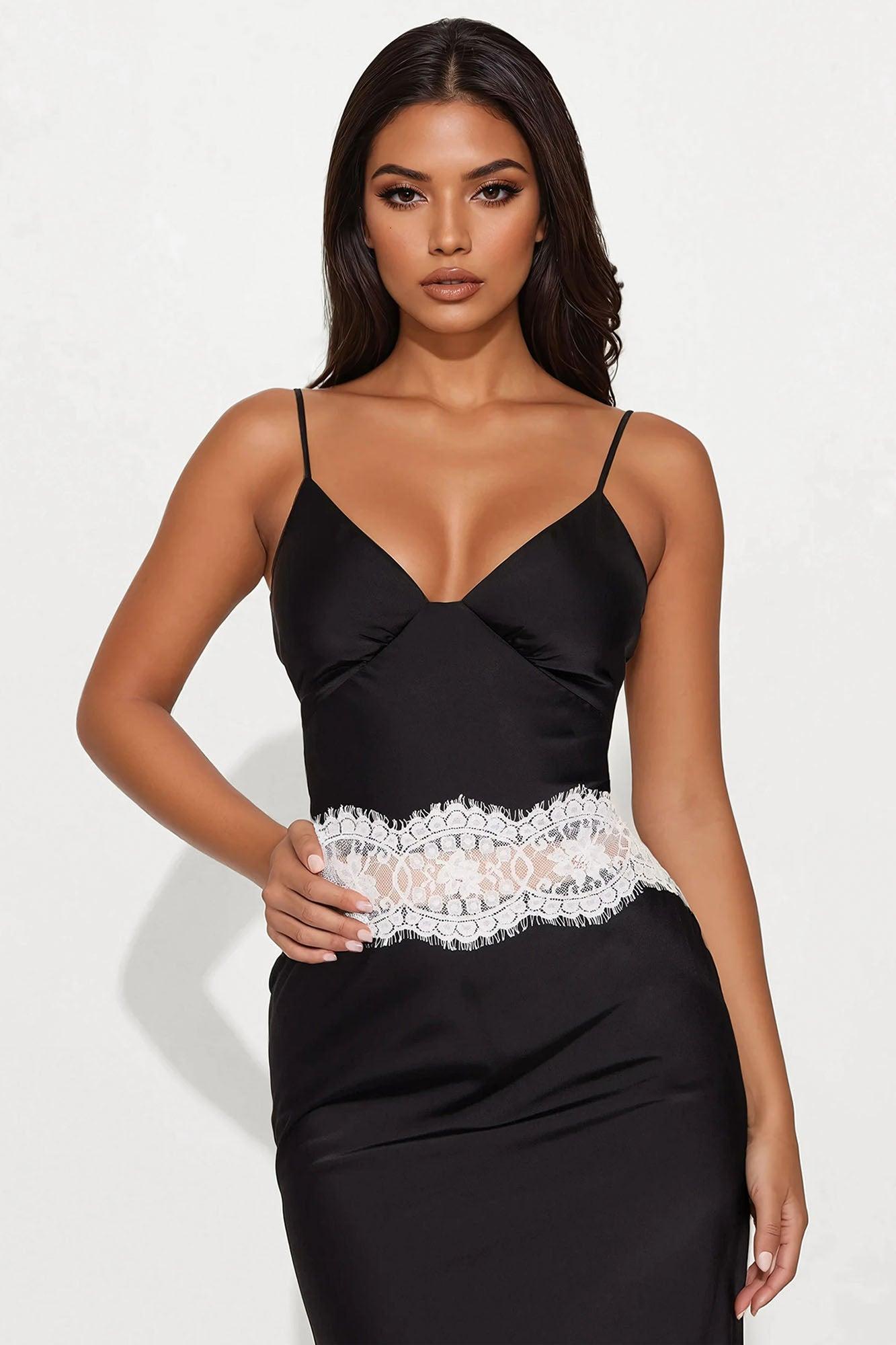 Sofia Satin Maxi Dress - Black/White Product Image