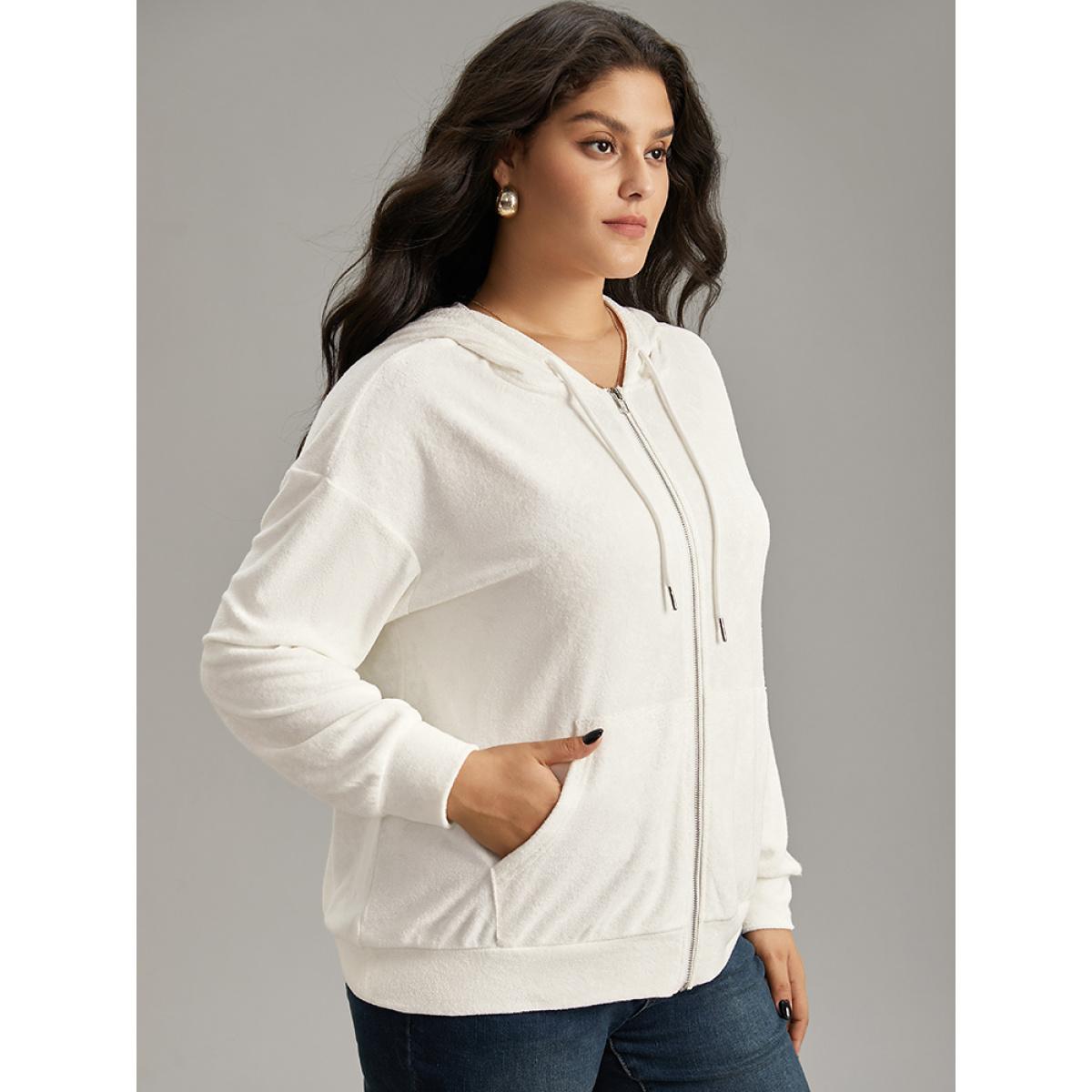 Plus Size Supersoft Essentials Solid Zipper Hooded Sweatshirt Women White Casual Elastic cuffs Hooded Dailywear Sweatshirts BloomChic 30/6X Product Image
