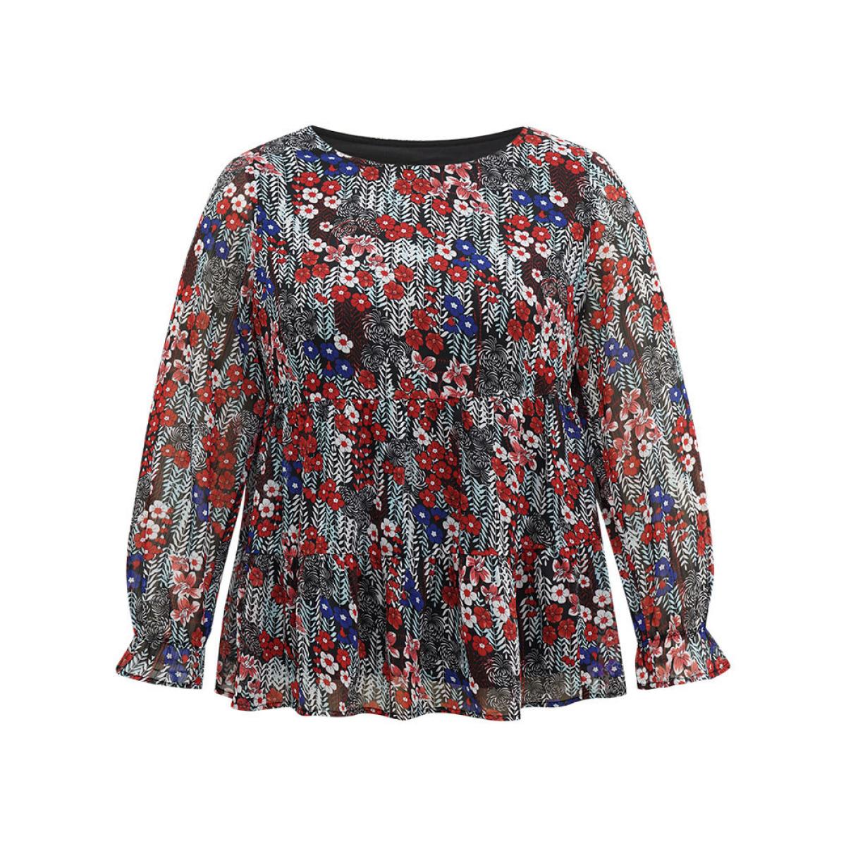 Plus Size Black Floral Ruffles Elastic Waist Lantern Sleeve Chiffon Blouse Women Elegant Long Sleeve Round Neck Everyday Blouses BloomChic 30/6X Product Image