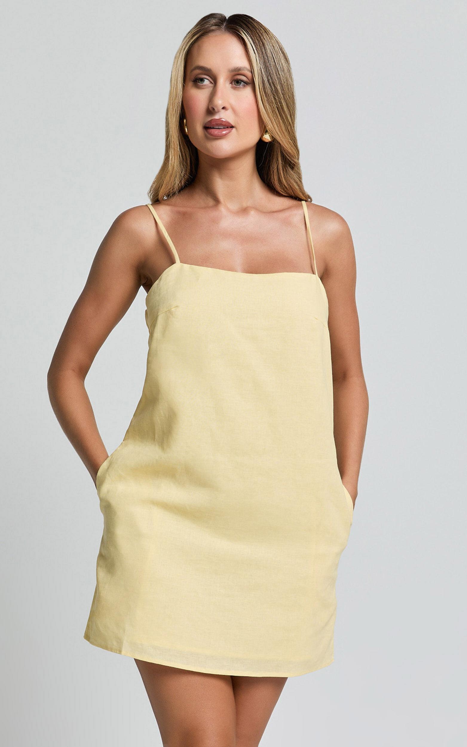 Mavie Mini Linen Dress - Linen Strappy Shift Dress in Lemon Product Image