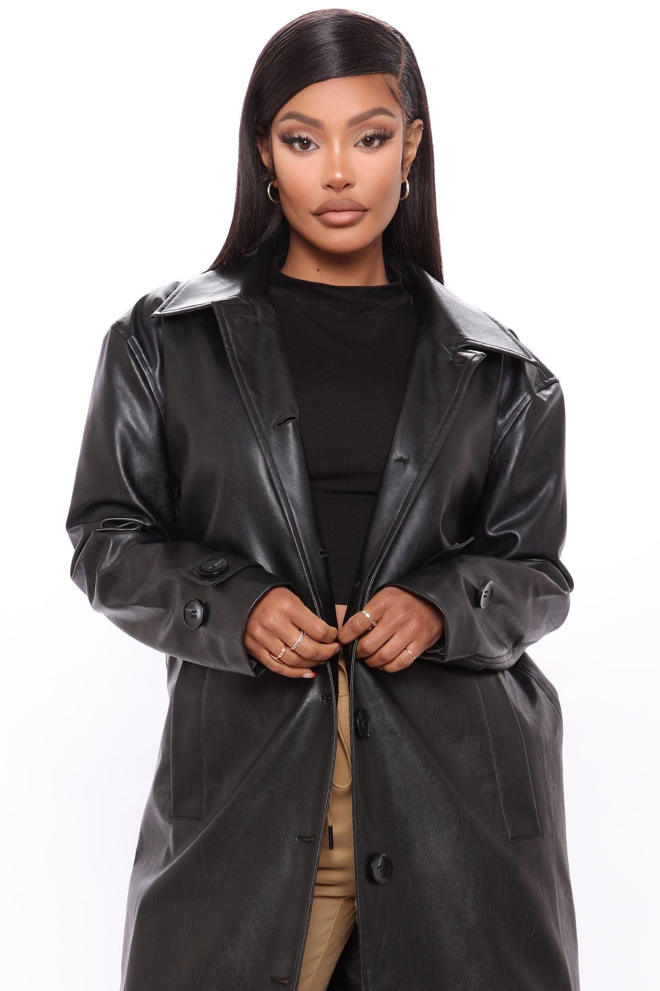 Gimme A Clue Faux Leather Trench Coat - Black Female Product Image