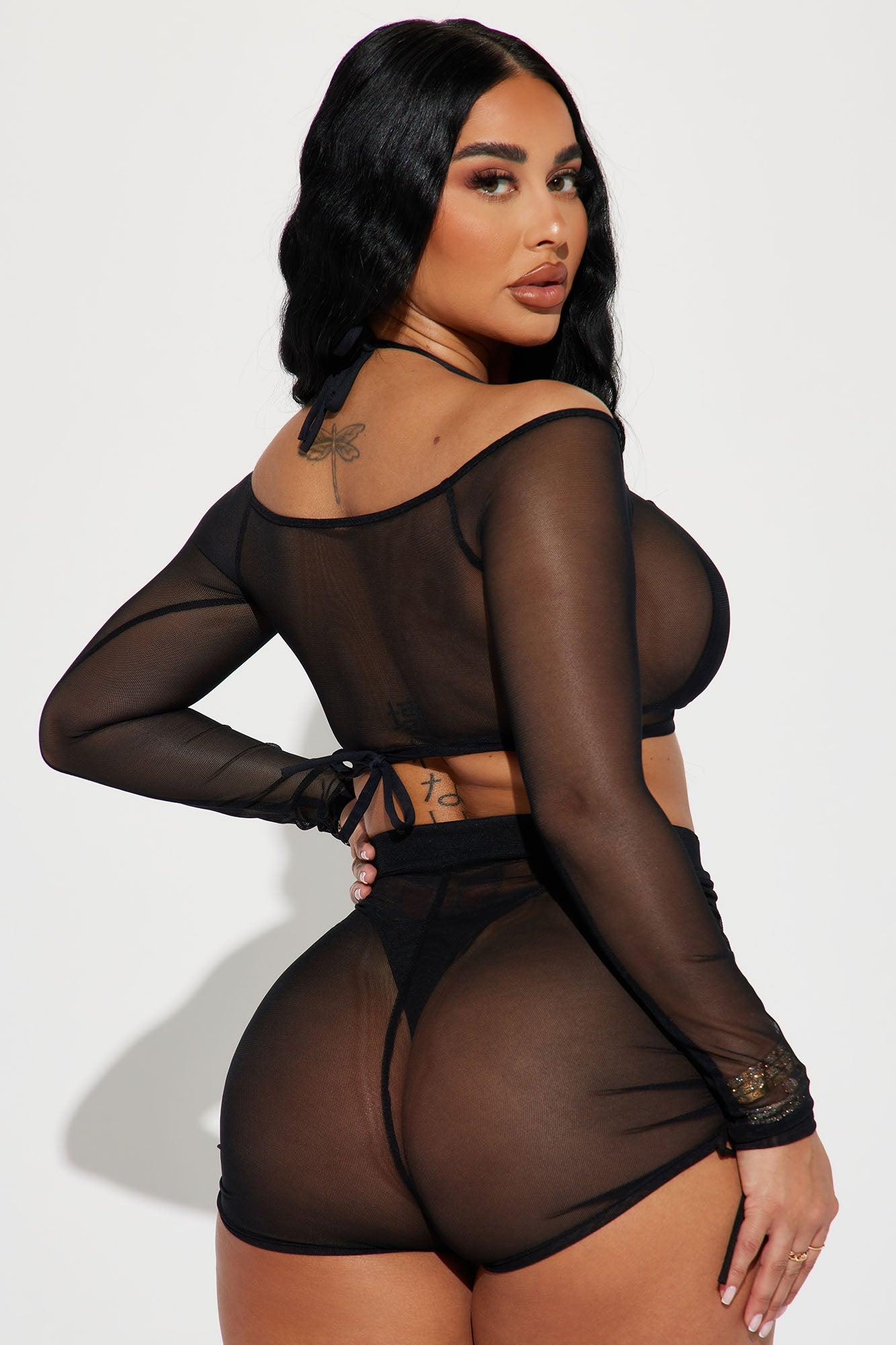 Oasis Babe Ruched Mesh Cover Up Set- Black Product Image