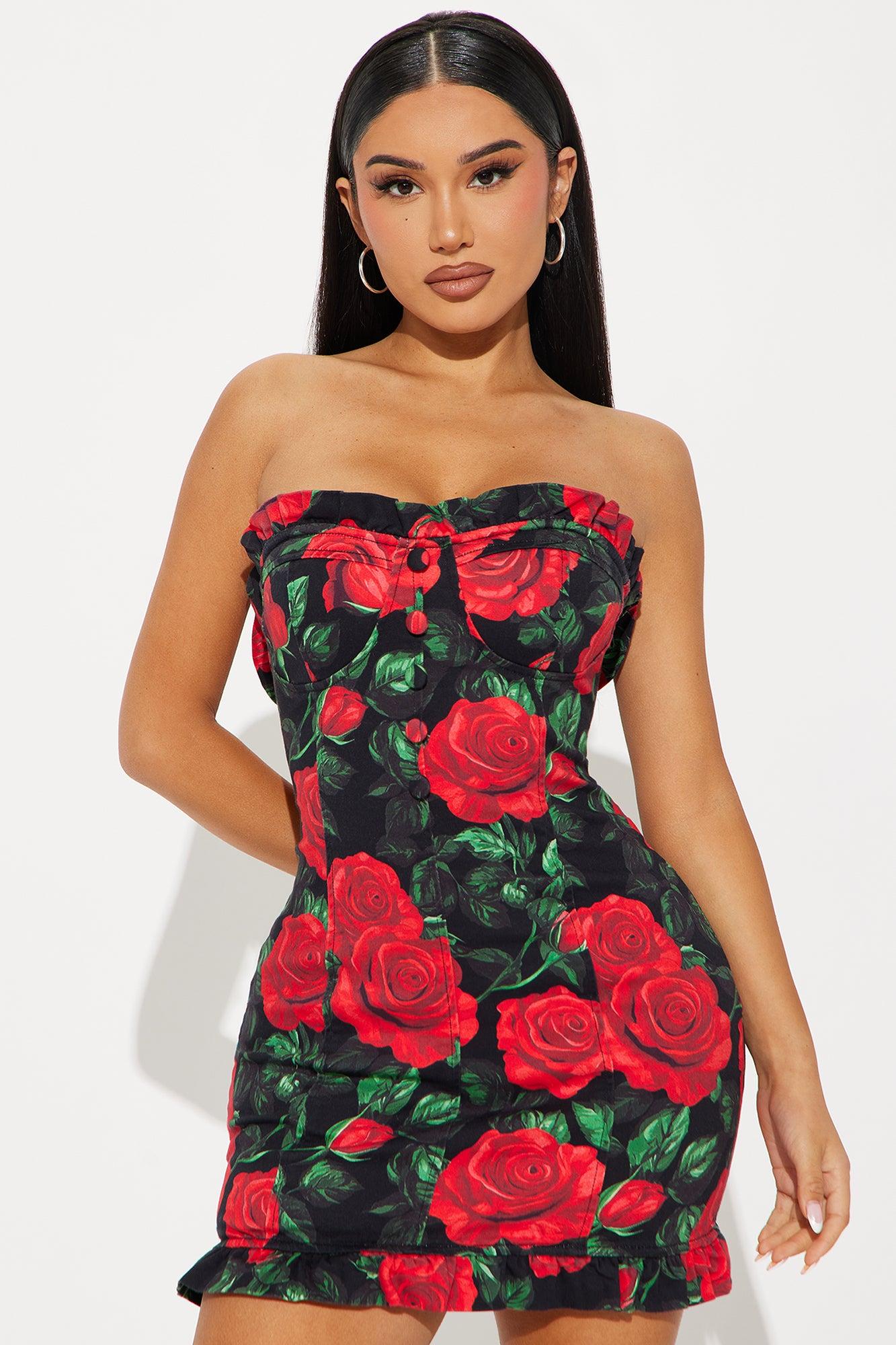 Smell The Roses Stretch Twill Mini Dress - Black/Red Product Image