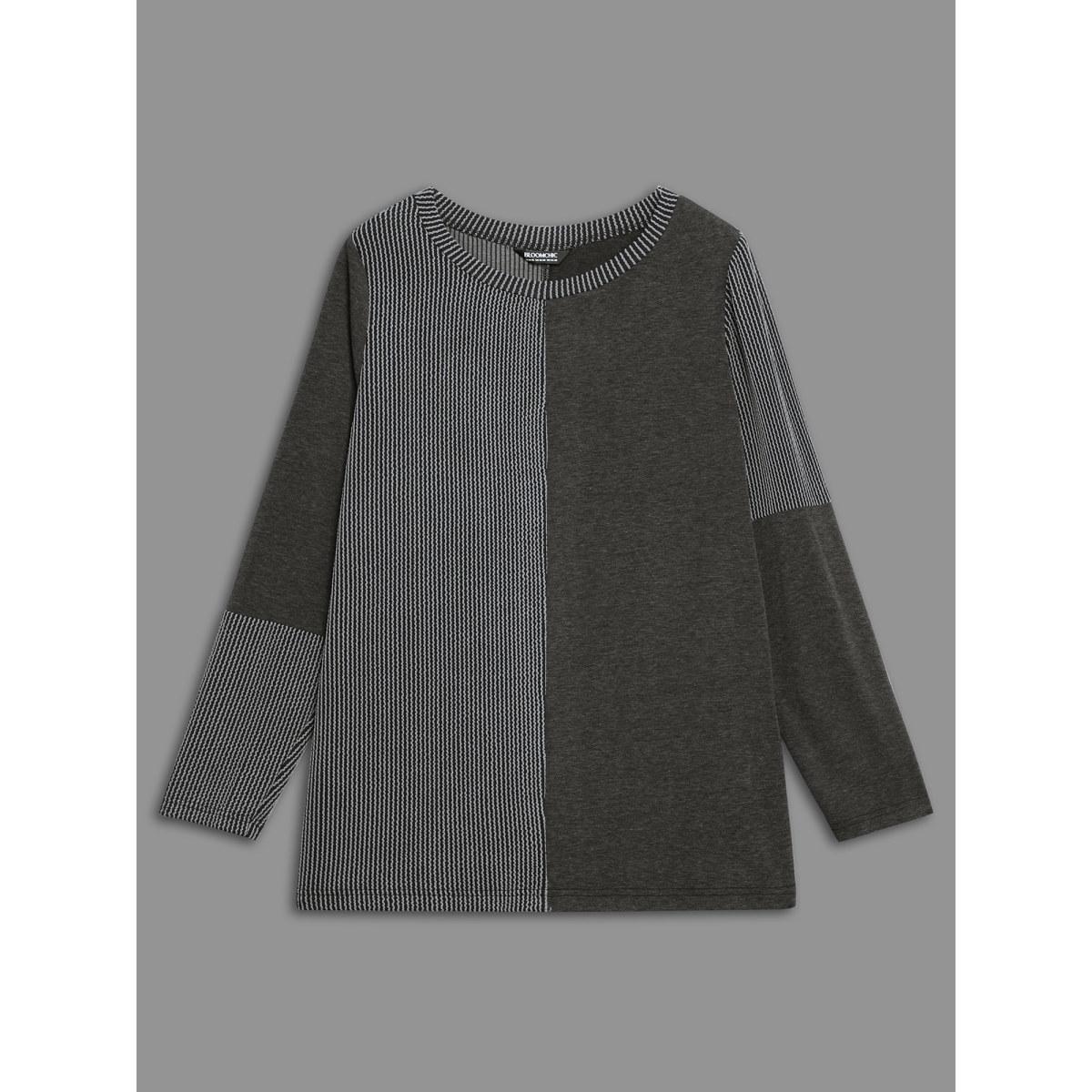 Plus Size Round Neck Textured Patchwork T-shirt Black Women Casual Texture Round Neck Everyday T-shirts BloomChic 14-16/1X Product Image