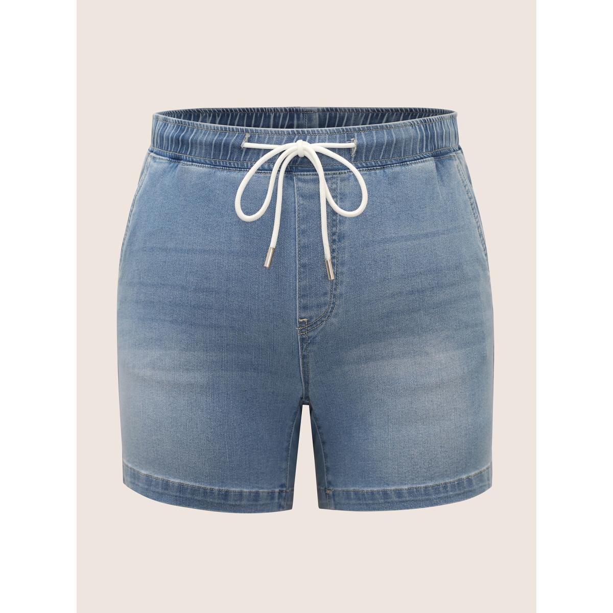 Plus Size Light Wash Elastic Waist Drawstring Denim Shorts Women Denimlightblue Drawstring Medium stretch Everyday Slanted pocket Casual Denim Shorts BloomChic 18/2X Product Image