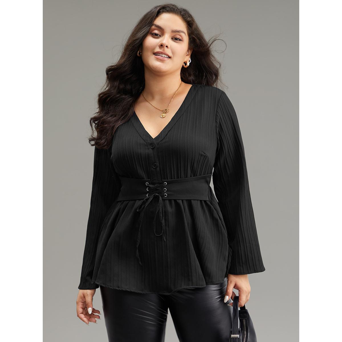 Plus Size Black Solid Textured Button Detail Lace Up Blouse Women At the Office Long Sleeve V-neck Office Blouses BloomChic 28/5X Product Image