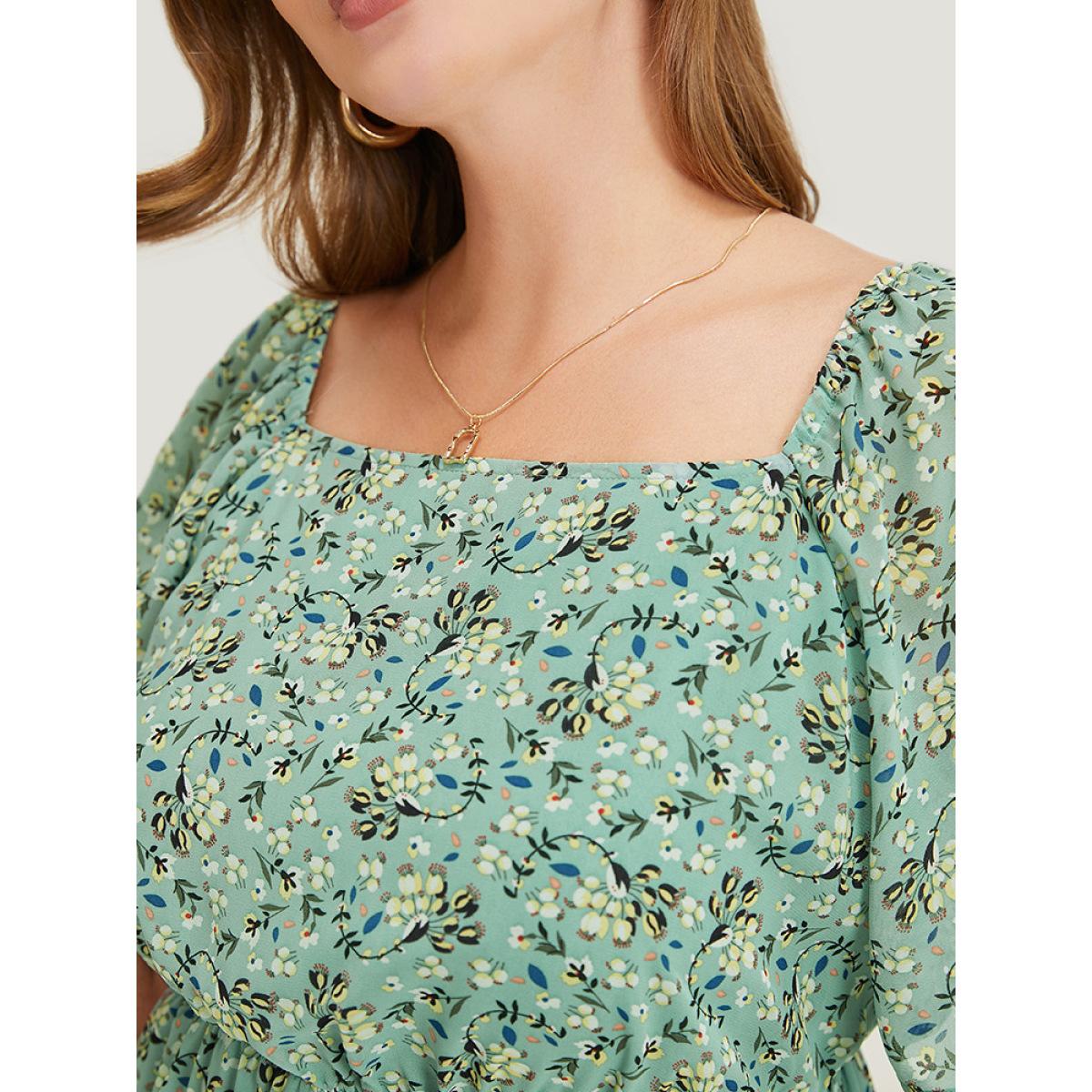 Plus Size Ditsy Floral Square Neck Frill Trim Pocket Ruffle Hem Dress Mint Women Elegant Lined Square Neck Short sleeve Curvy Short Dress BloomChic 28/5X Product Image