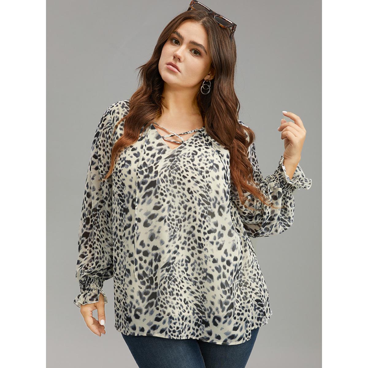 Plus Size Apricot Leopard Print Lace Up Shirred Blouse Women Elegant Long Sleeve V-neck Dailywear Blouses BloomChic 30/6X Product Image