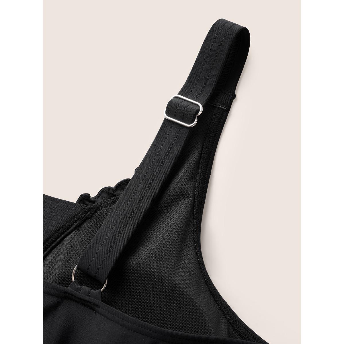 Plus Size V Neck Gathered Frill Trim Swim Top Women's Swimwear Black Beach Gathered High stretch Skinny V-neck Curve Swim Tops BloomChic 14-16/1X Product Image