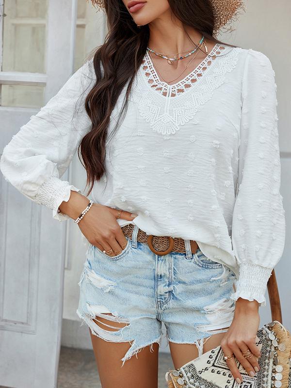 Long Sleeves Loose Elasticity Hollow Jacquard Solid Color V-Neck Blouses&Shirts Tops Product Image