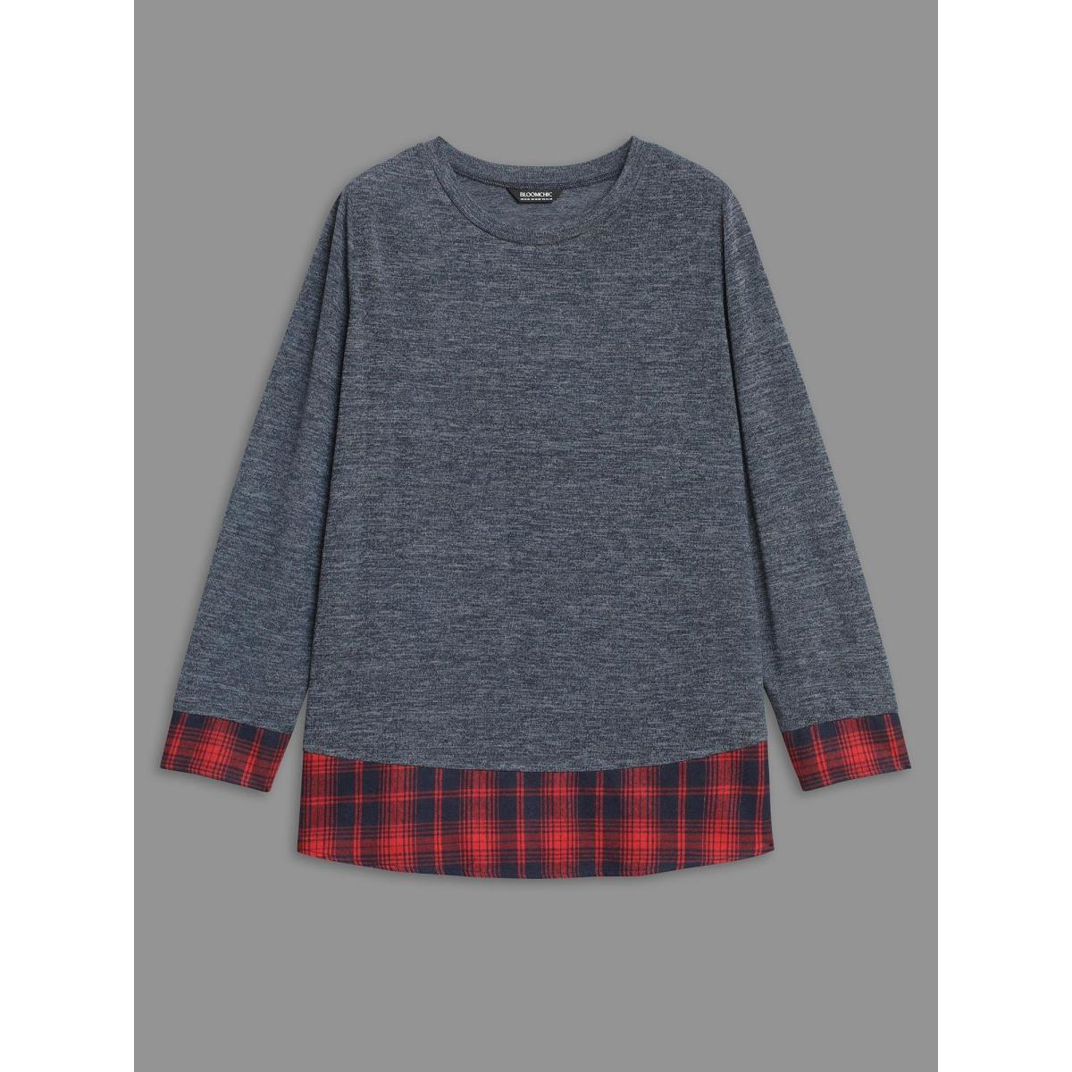 Plus Size Round Neck Plaid Patchwork Heather T-shirt Indigo Women Casual Contrast Round Neck Loose Everyday T-shirts BloomChic 18-20/2X Product Image
