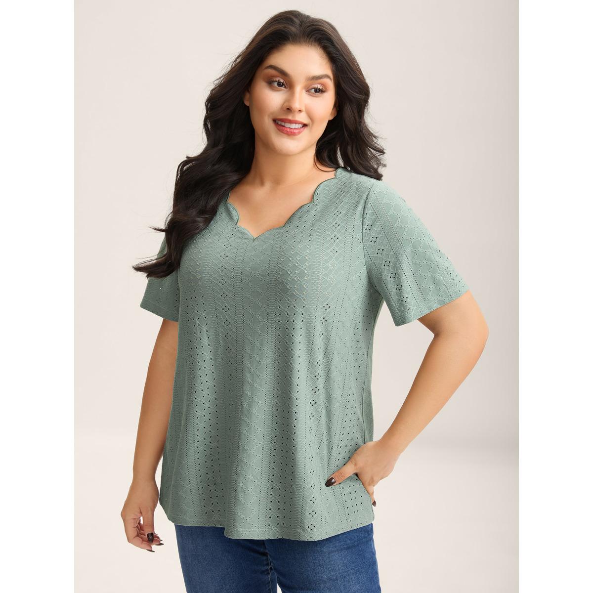 Plus Size Eyelet Trim Scalloped Neck Stretchy T-Shirt Greenbean Women Leisure Texture V-neck Casual T-shirts BloomChic 18-20/2X Product Image