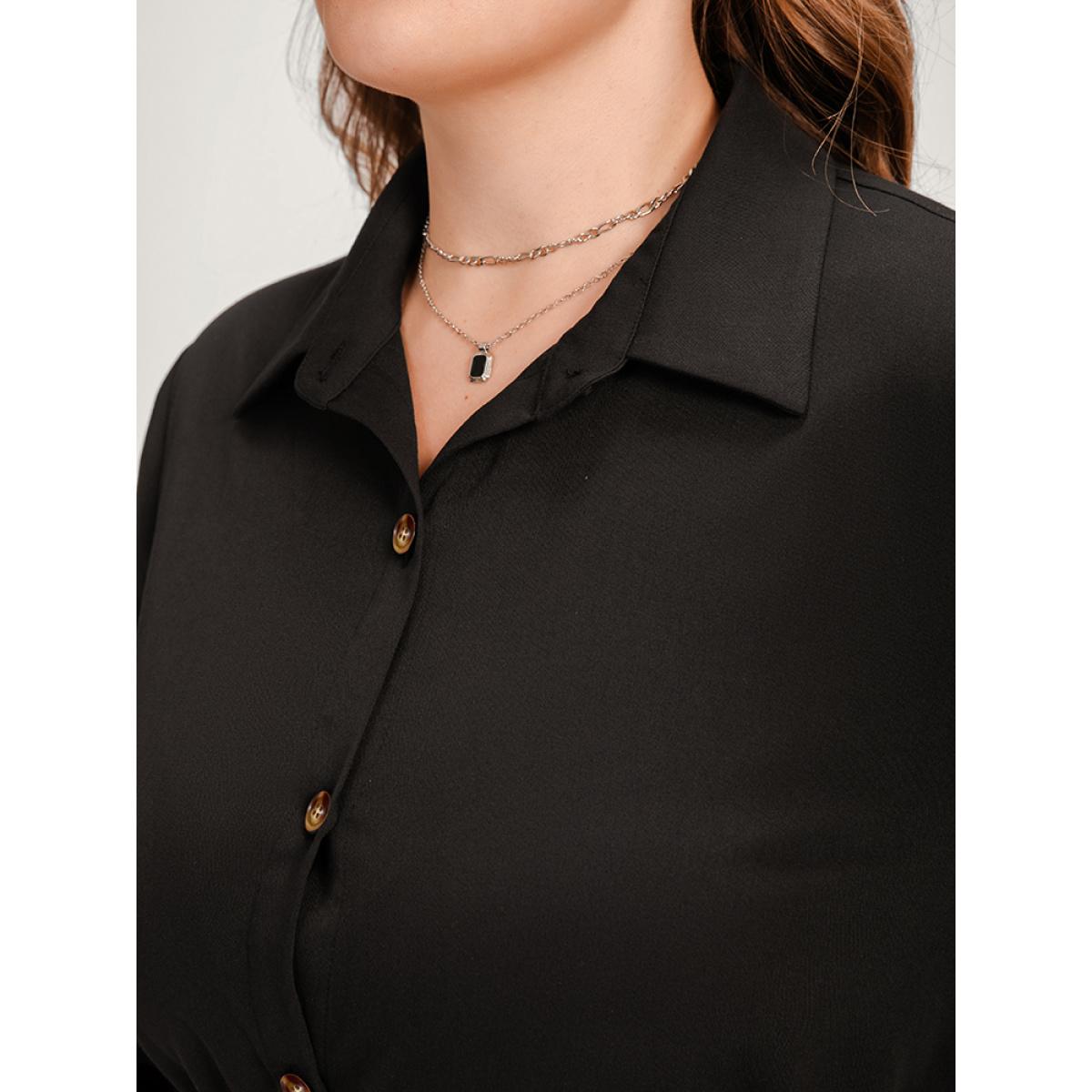 Plus Size Solid Shirt Collar Button Up Belted Arc Hem Dress Black Women Office Belted Shirt collar Long Sleeve Curvy Midi Dress BloomChic 22-24/3X Product Image