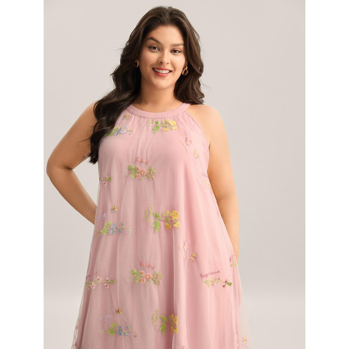 Plus Size Embroidered Mesh Halter Neck Midi Dress MistyRose Women Round Neck Sleeveless Curvy BloomChic 22-24/3X Product Image