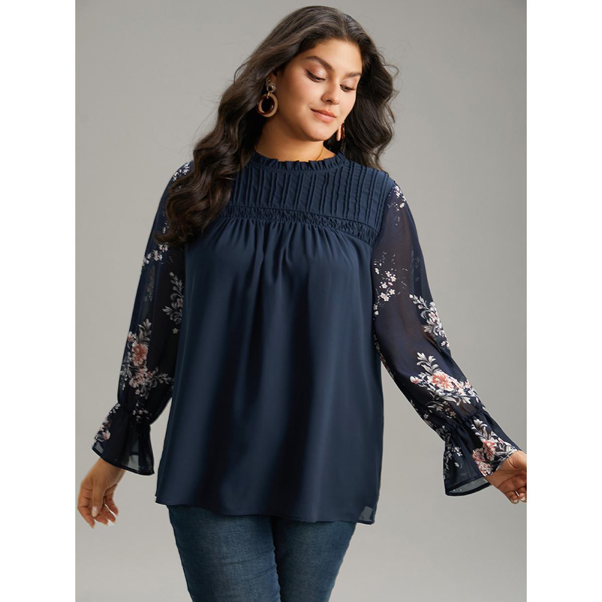Plus Size Indigo Twill Floral Patchwork Shirred Mesh Frill Trim Blouse Women Elegant Long Sleeve Stand-up collar Dailywear Blouses BloomChic 22-24/3X Product Image