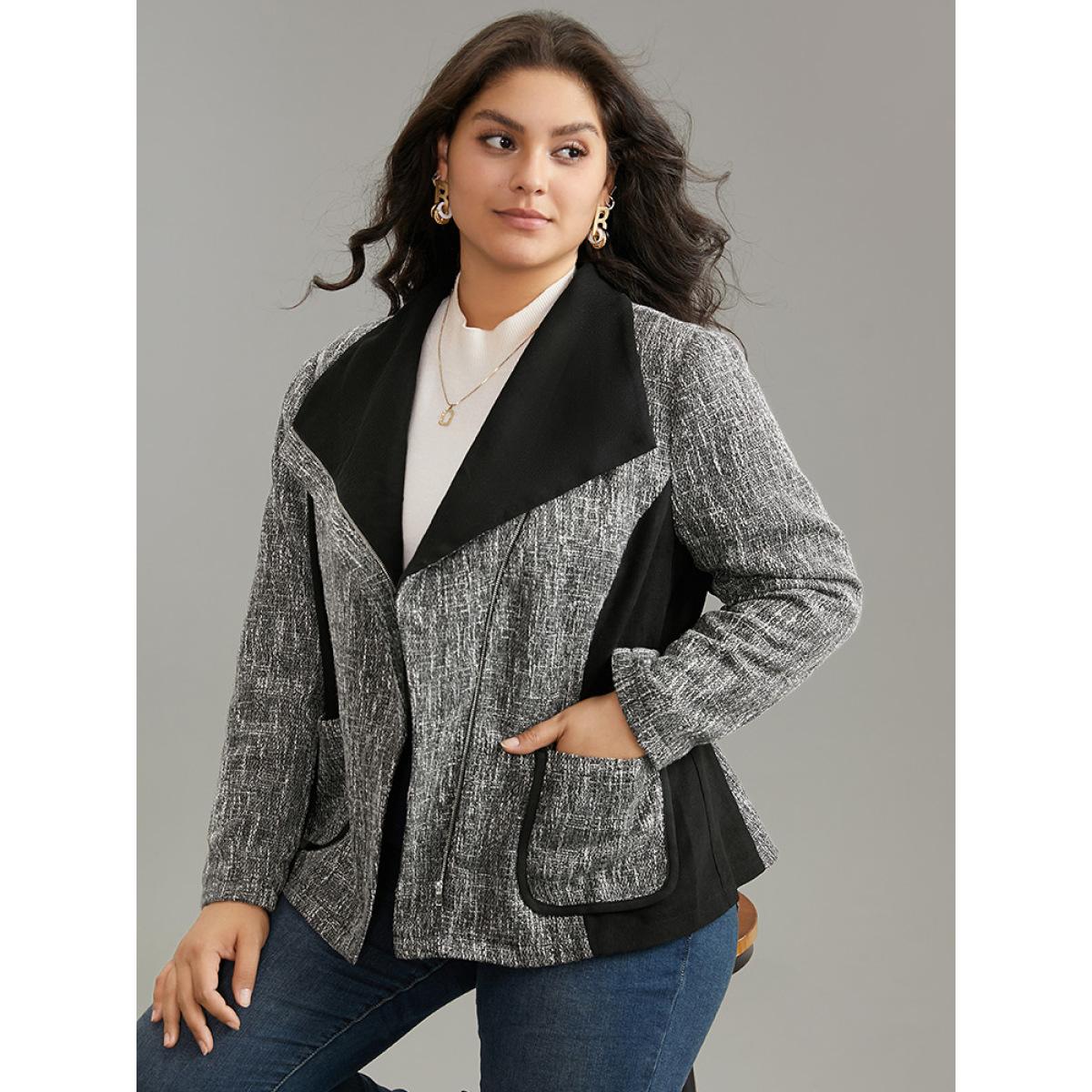 Plus Size Contrast Patchwork Zipper Lapel Collar Tweed Coat Women DimGray Casual Lined Ladies Dailywear Winter Coats BloomChic 30/6X Product Image