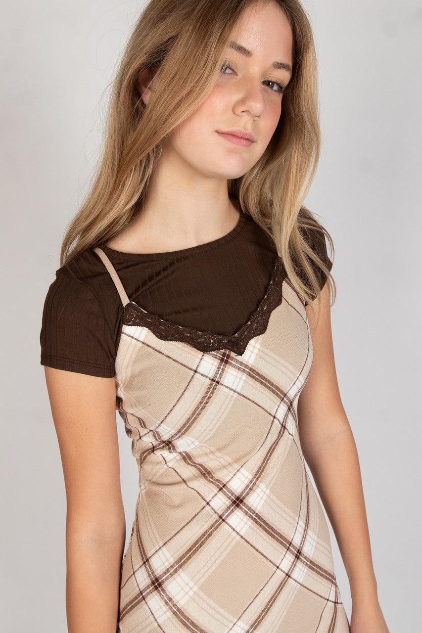 Lace Trim Plaid Midi Dress With Tee Product Image