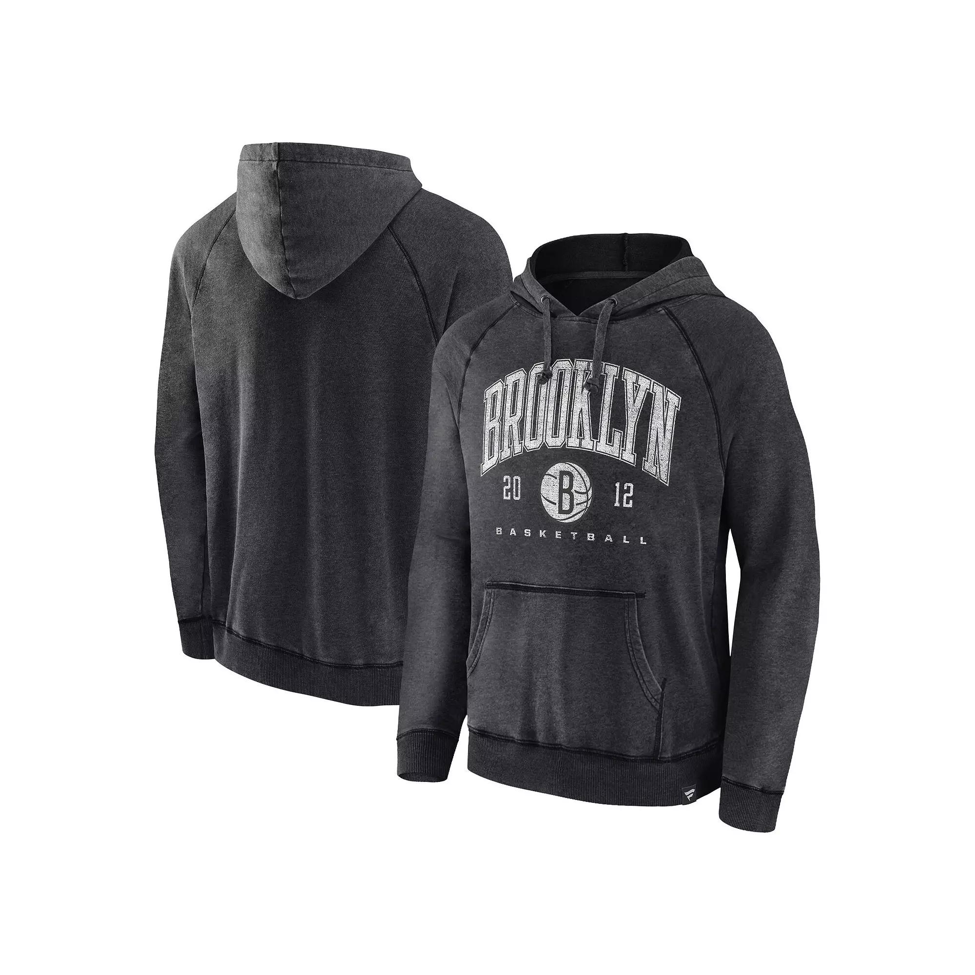 Men's Fanatics Branded Heather Charcoal Brooklyn Nets Foul Trouble Snow Wash Raglan Pullover Hoodie,  Product Image
