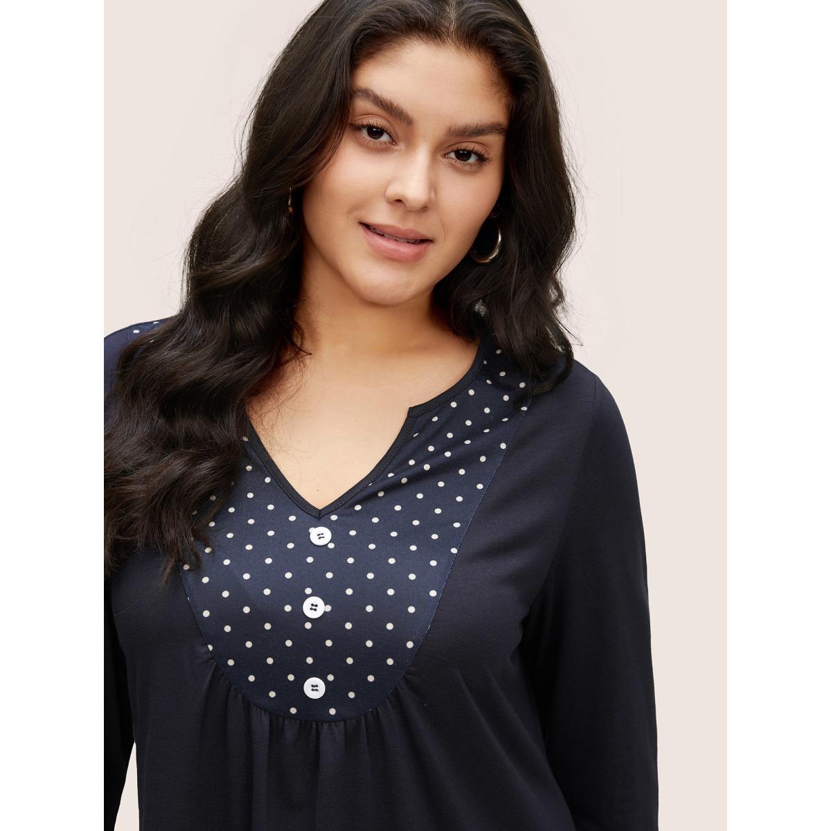 Plus Size Polka Dot Patchwork Notched Button Detail T-shirt Indigo Women Casual Contrast Polka Dot Notched collar Everyday T-shirts BloomChic 12/L Product Image