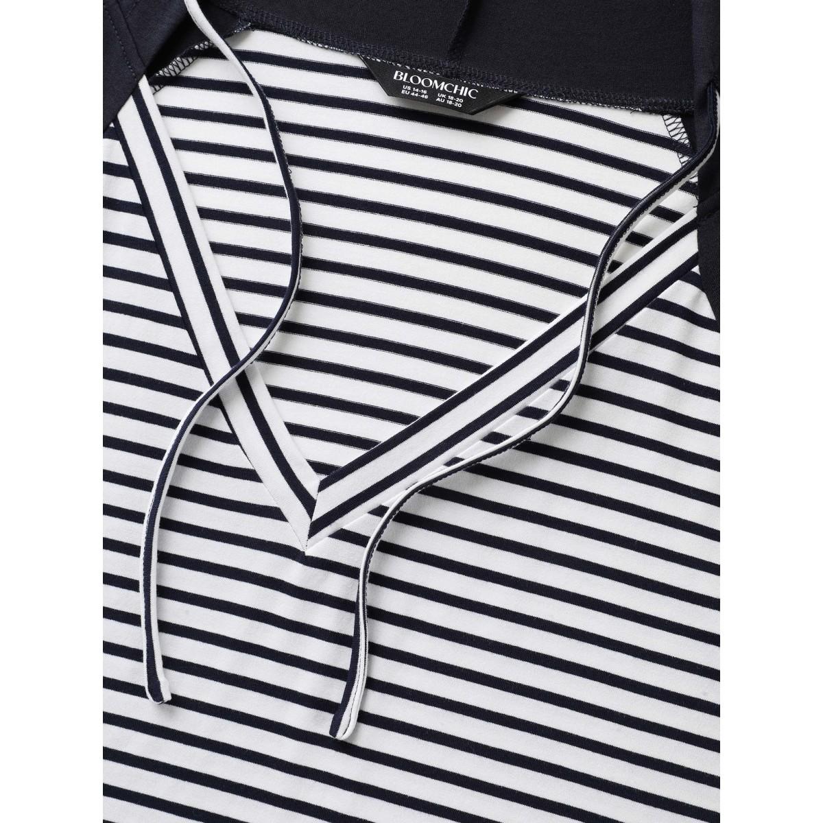 Plus Size Striped Raglan Hooded Contrast T-Shirt Indigo Women Contrast Hooded Everyday-Casual T-shirts BloomChic 12/L Product Image