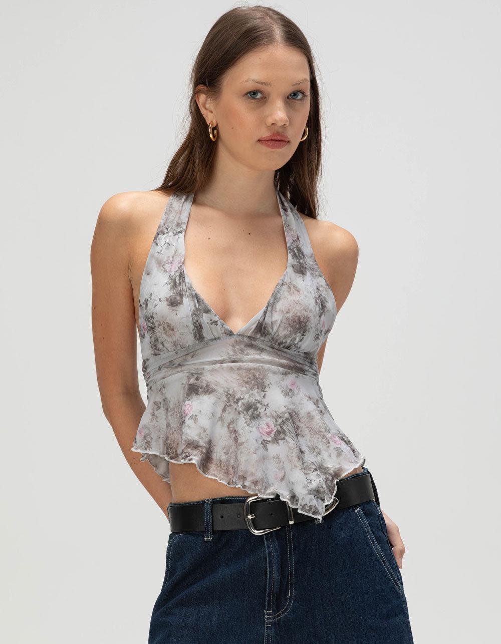 FULL TILT Mesh Hanky Womens Halter Top - GRAY COMBO Product Image