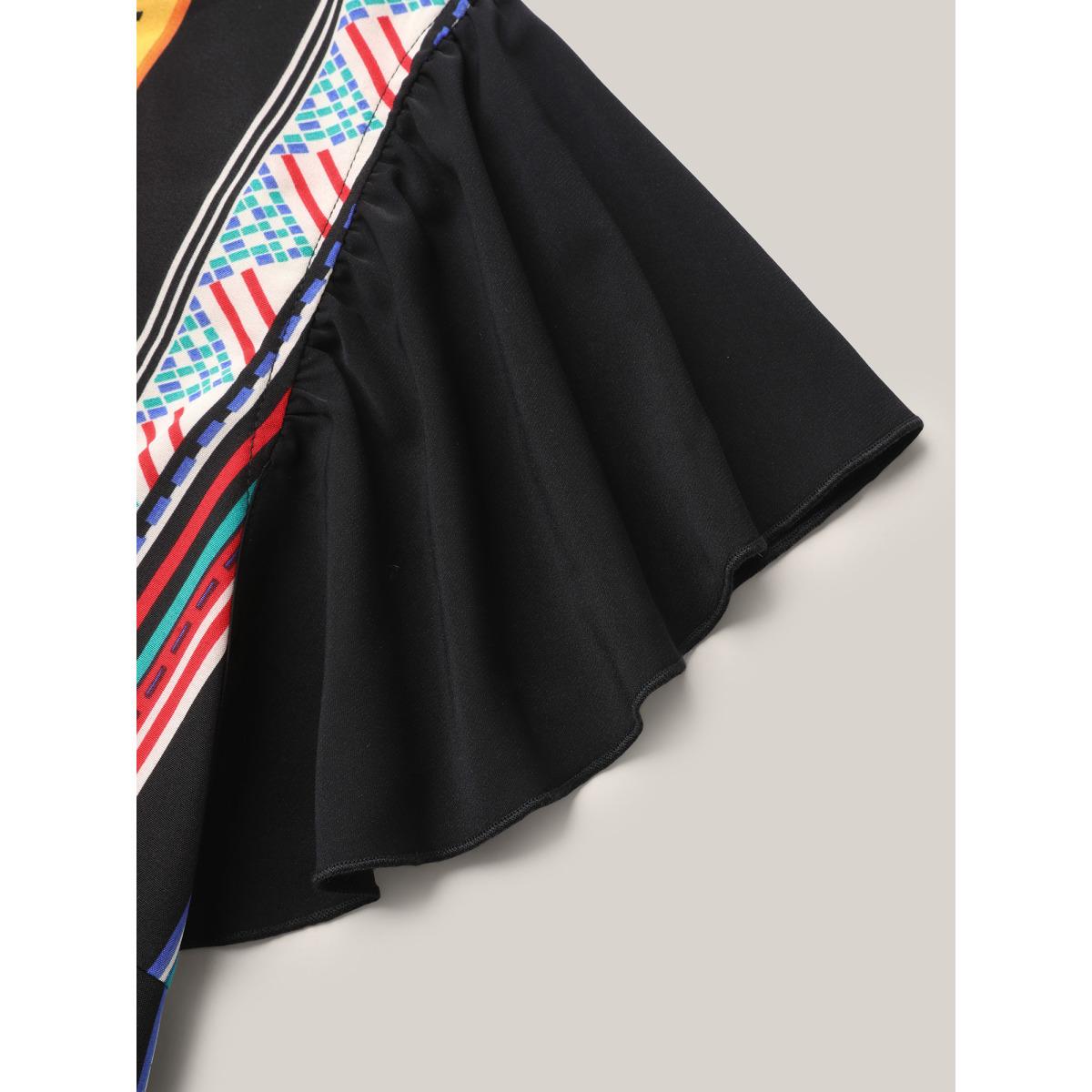 Plus Size Black Multi-Color Striped Neck Tie Shirt Women Casual Cap Sleeve Notched collar Everyday Blouses BloomChic 18-20/2X Product Image