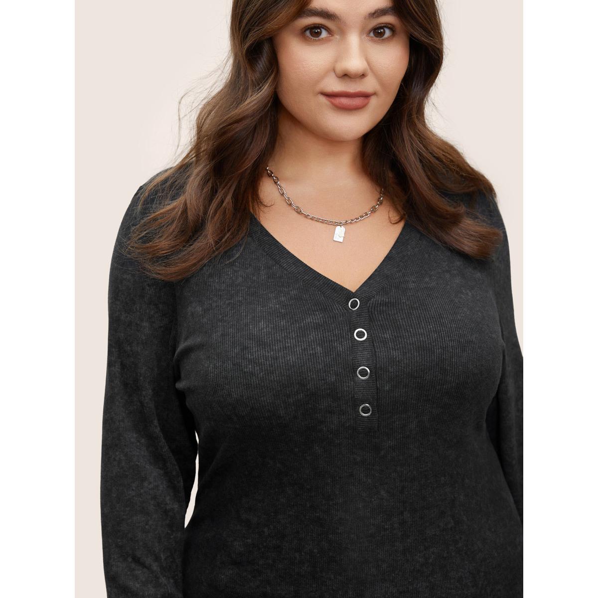 Plus Size Vintage Textured Button Up T-shirt Black Women Casual Texture Plain V-neck Everyday T-shirts BloomChic 12/L Product Image