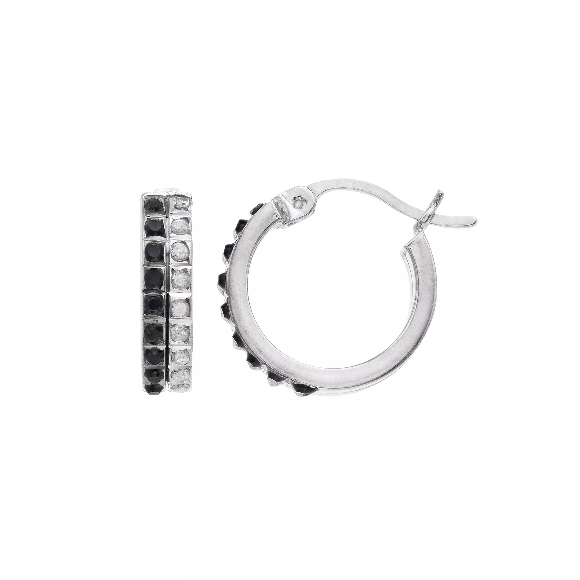 Platinum Over Silver Black & White Diamond Mystique Hoop Earrings, Women's, Silver Tone Product Image