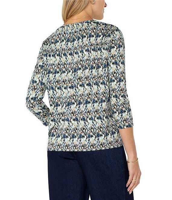 Liverpool Los Angeles Printed Jersey V-Neck 3/4 Sleeve Shirred Top Product Image