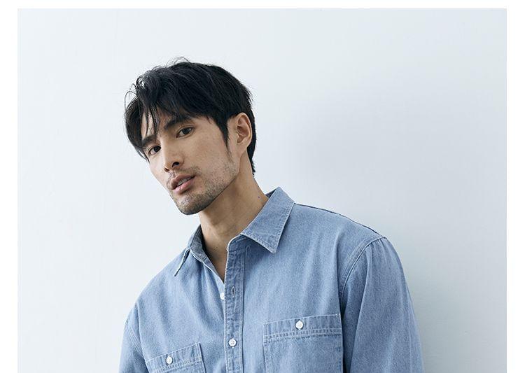 Long Sleeve Collared Washed Denim Shirt Product Image