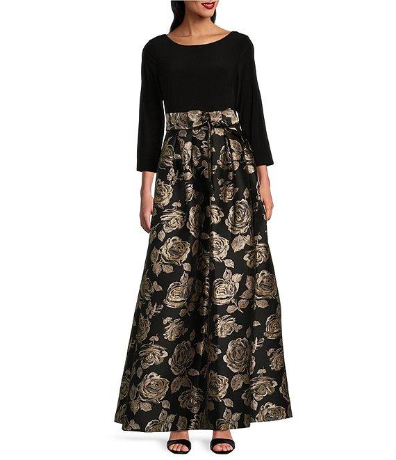 Jessica Howard Floral Metallic Jacquard Boat Neck 3/4 Sleeve Tie Sash Ballgown Product Image