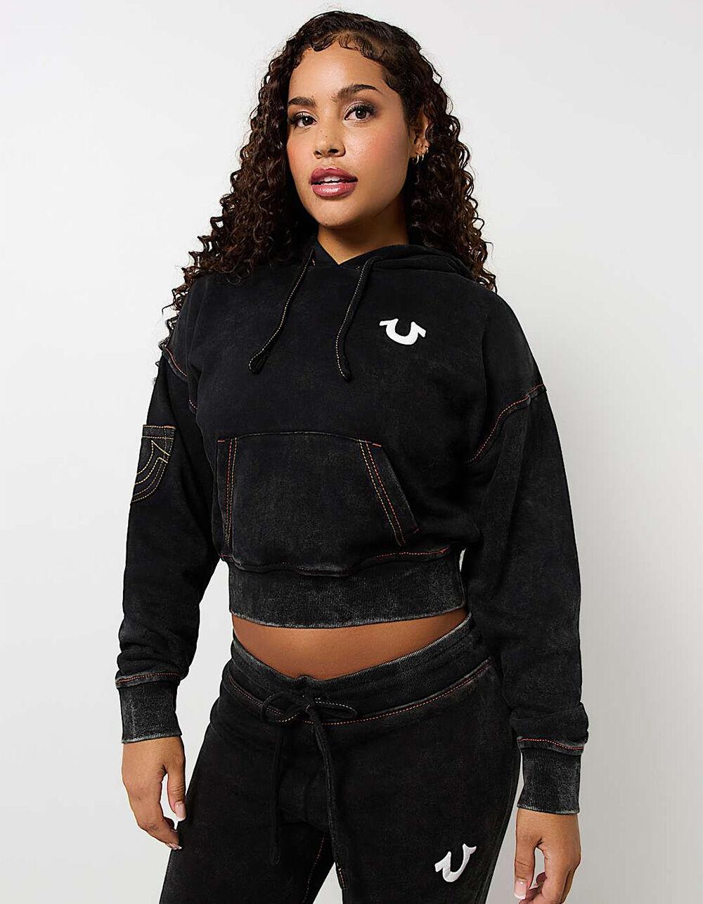 TRUE RELIGION Vintage Wash Logo Womens Crop Hoodie - BLACK Product Image