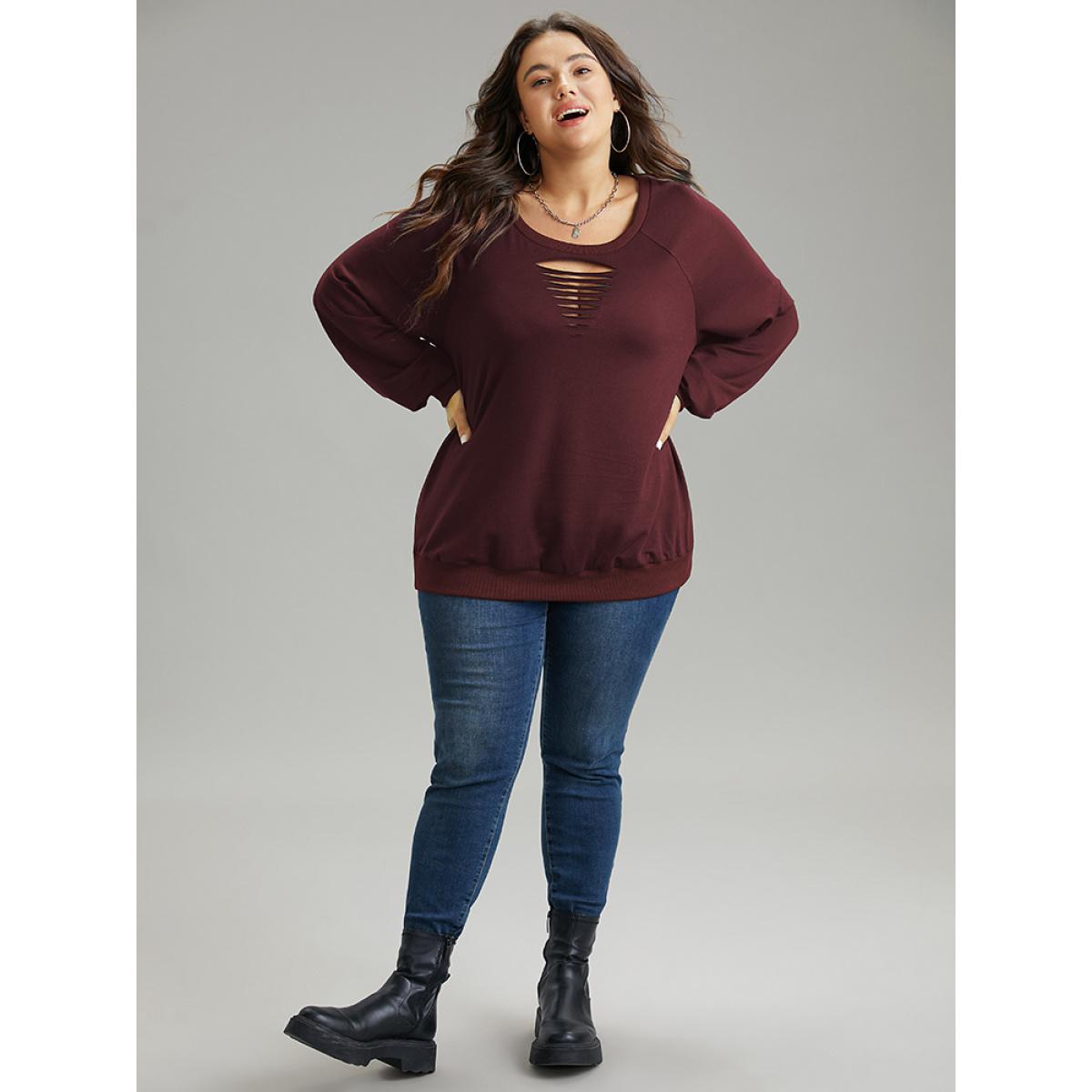 Plus Size Solid Rib Knit Cut Out Raglan Sleeve Sweatshirt Women Burgundy Casual Rib Knit Keyhole Cut-Out Everyday Sweatshirts BloomChic 12/L Product Image