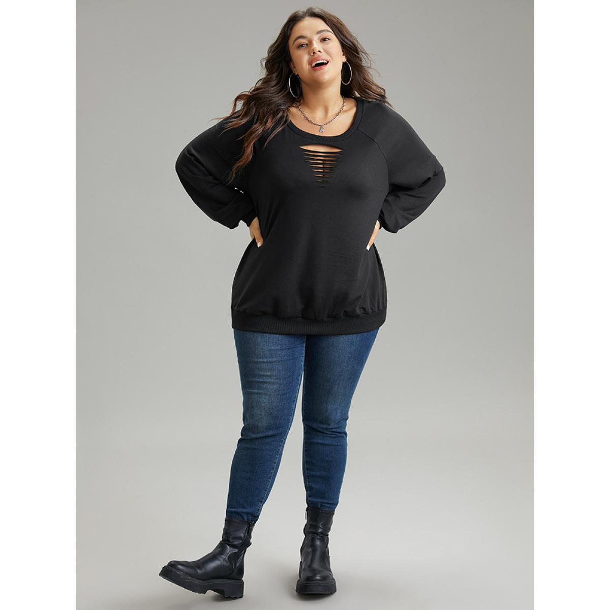 Plus Size Solid Rib Knit Cut Out Raglan Sleeve Sweatshirt Women Black Casual Rib Knit Keyhole Cut-Out Everyday Sweatshirts BloomChic 14-16/1X Product Image