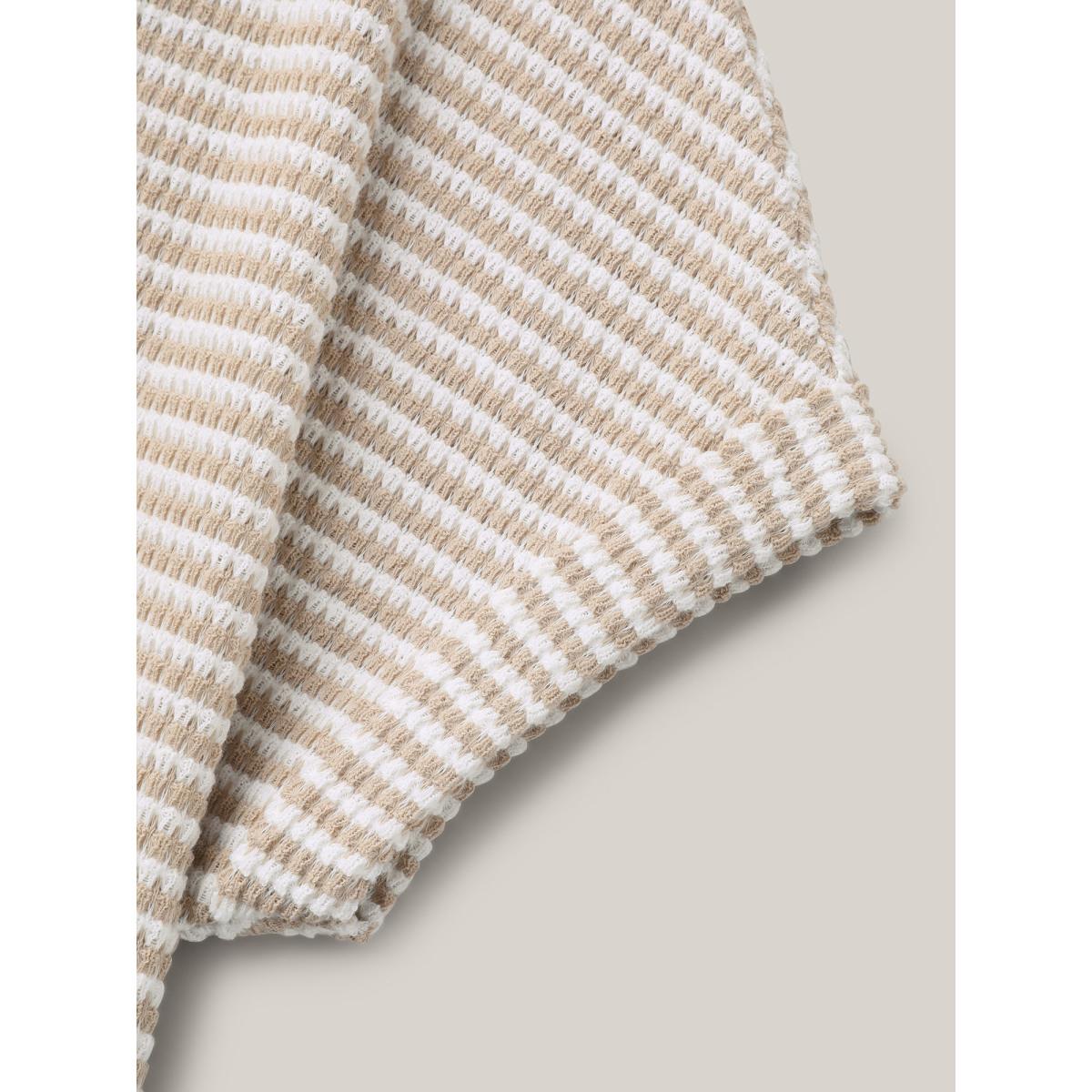 Plus Size Striped Half Placket Waffle T-Shirt Apricot Women Casual Texture V-neck Everyday T-shirts BloomChic 30/6X Product Image