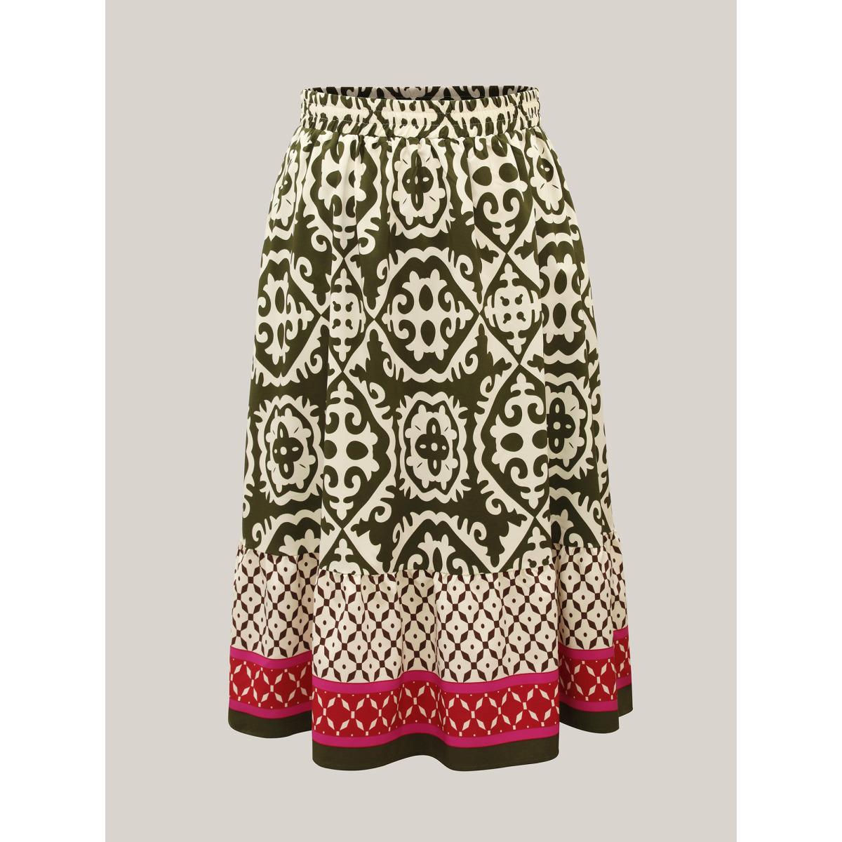 Plus Size Mixed Ornate Print Contrast Maxi Skirt Women Moss Resort Contrast Loose No stretch Slanted pocket Vacation Skirts BloomChic 14-16/1X Product Image