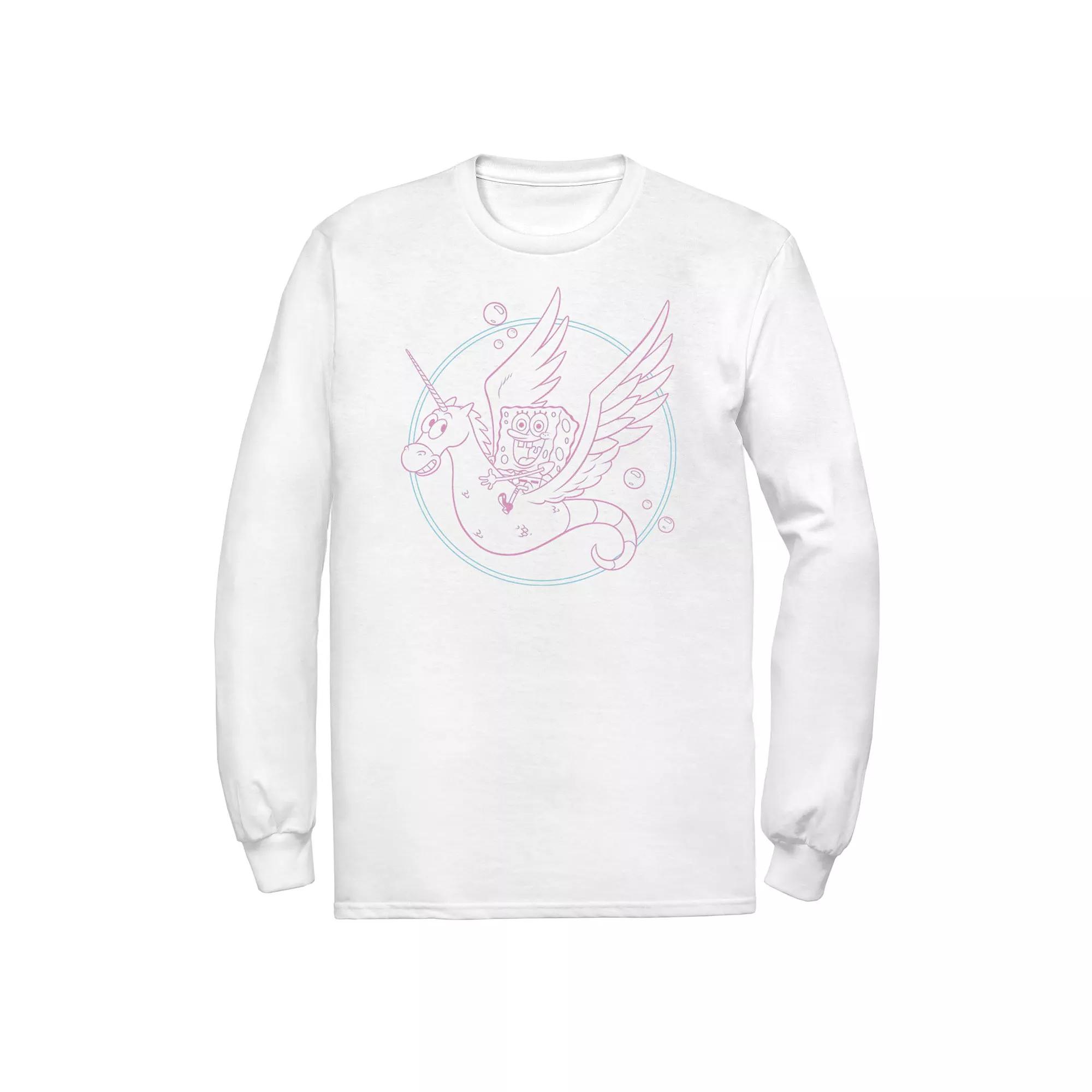 Men's Spongebob Sea Unicorn Pink Hue Outline Long Sleeve Tee, Size: Small, White Product Image