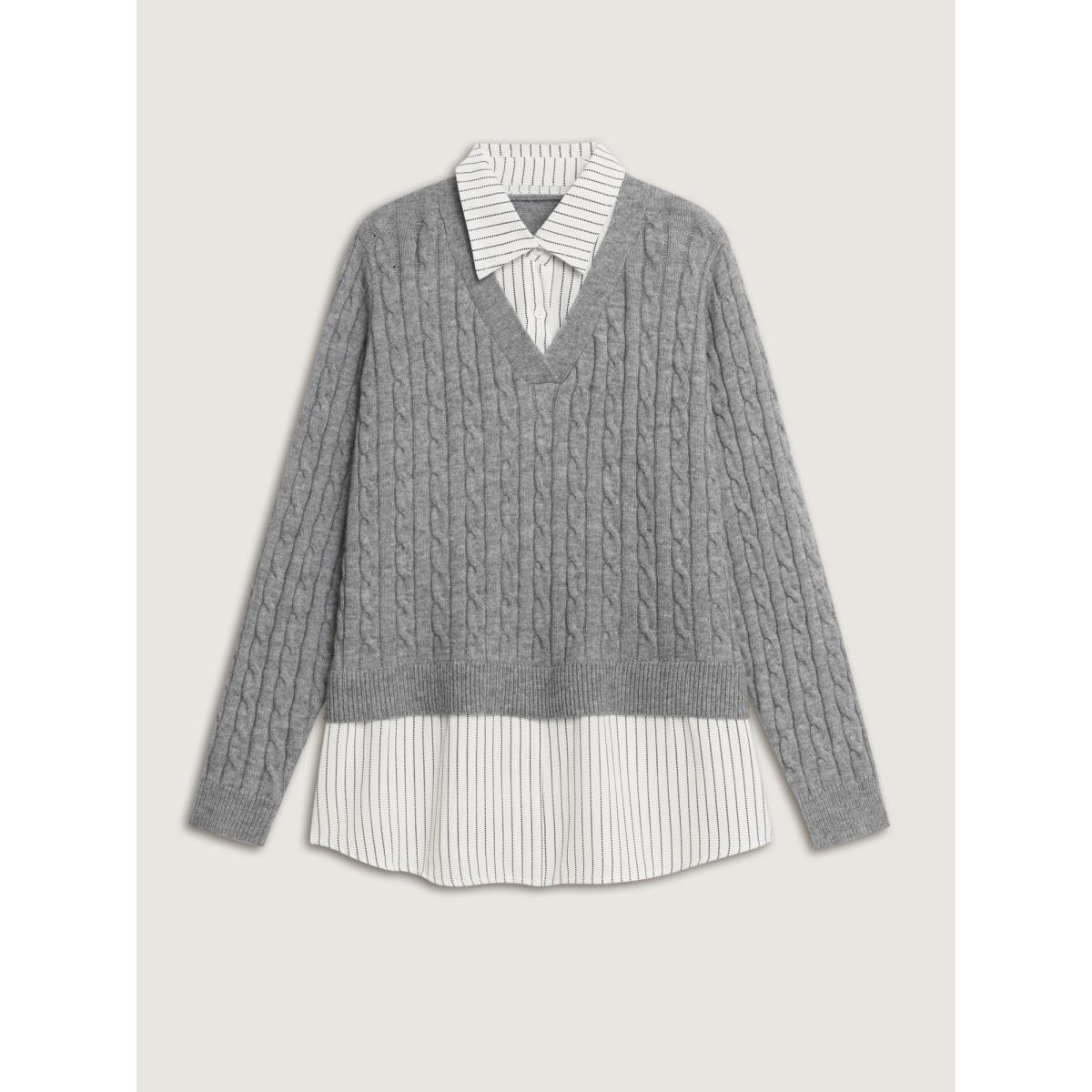 Plus Size Layered Cable Stitch Ribbed Pullover Mediumgray Women Office Loose Long Sleeve Polo Office Pullovers BloomChic 22-24/3X Product Image