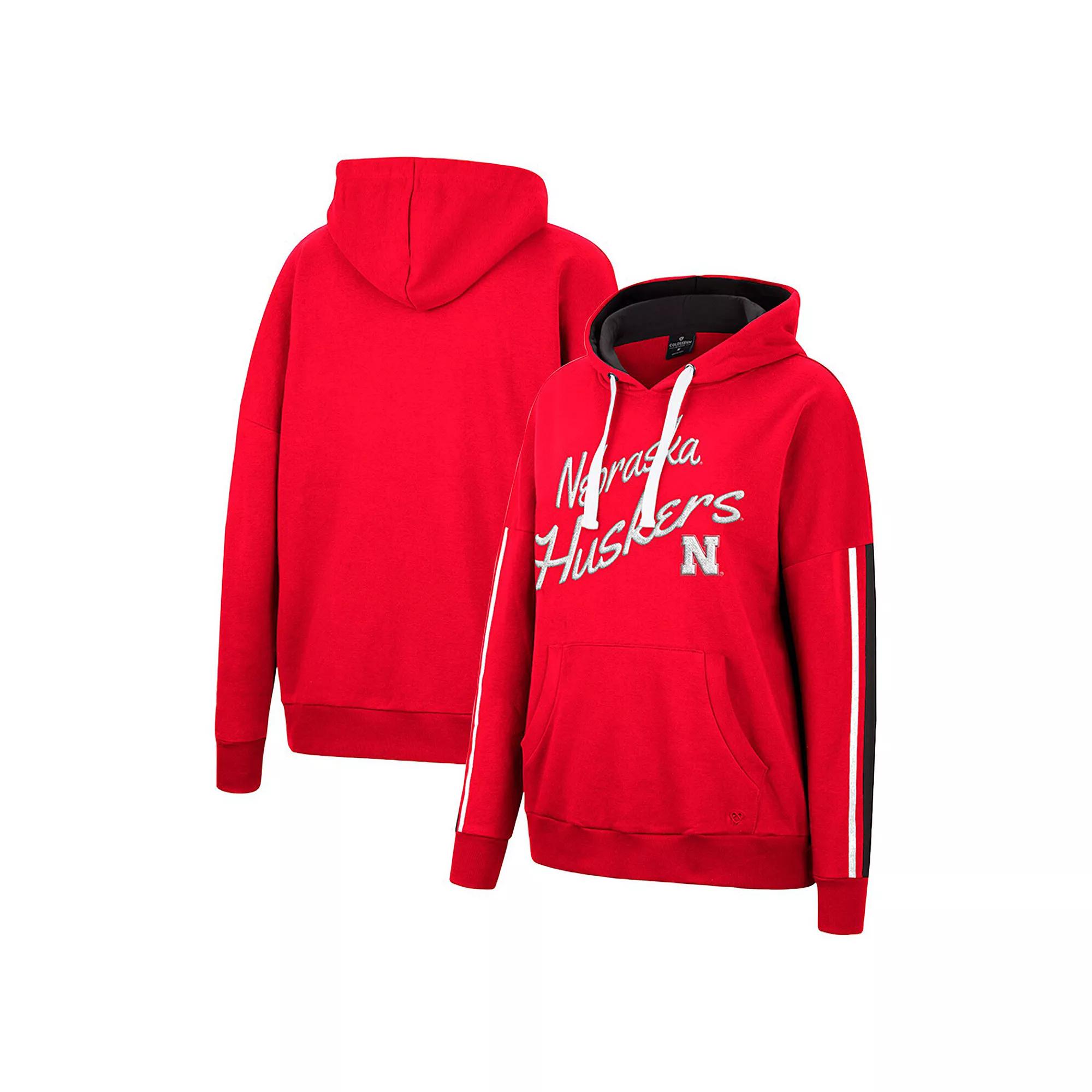 Women's Colosseum Scarlet Nebraska Huskers Serena Oversized Sleeve Striping V-Neck Pullover Hoodie, Size: Small, Red Product Image