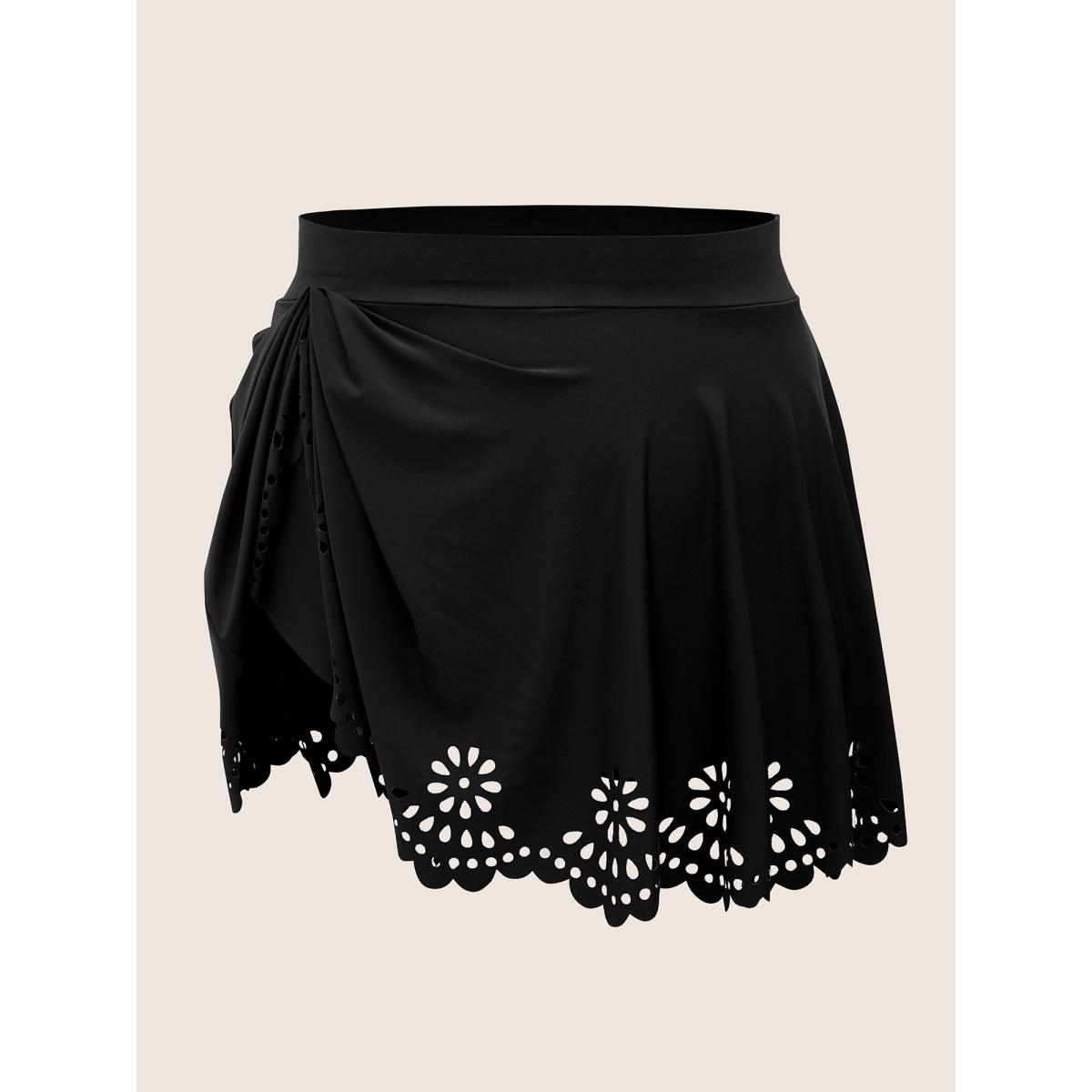 Plus Size Plain Laser Cut Elastic Waist Swim Bottom Women's Swimwear Black Beach Laser High stretch Bodycon High Rise Curve Swim Bottoms BloomChic 10/M Product Image