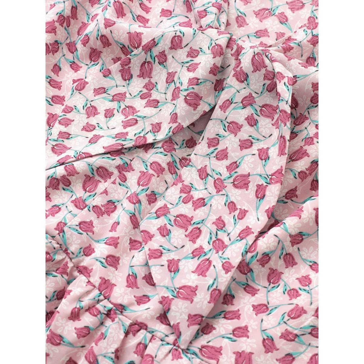 Plus Size Ditsy Floral Tie Neck Elastic Waist Dress Pink Women Elegant Non V-neck Half Sleeve Curvy Midi Dress BloomChic 28/5X Product Image