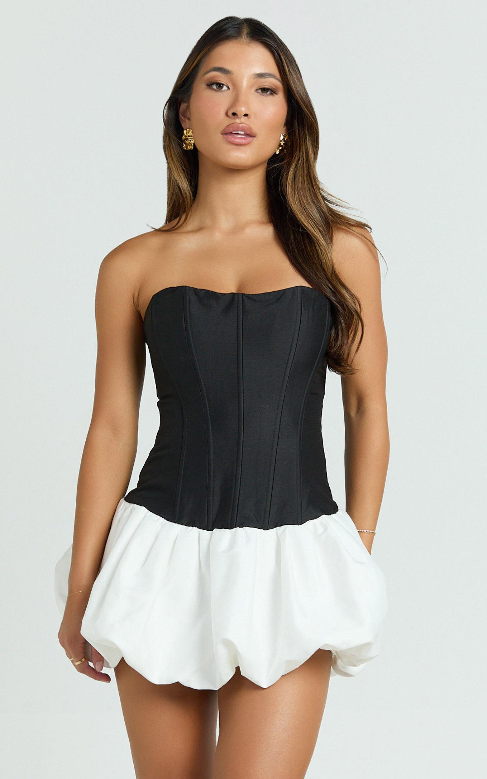 Santana Mini Dress - Strapless Fit And Flare Bubble Hem Dress in Black/White Product Image