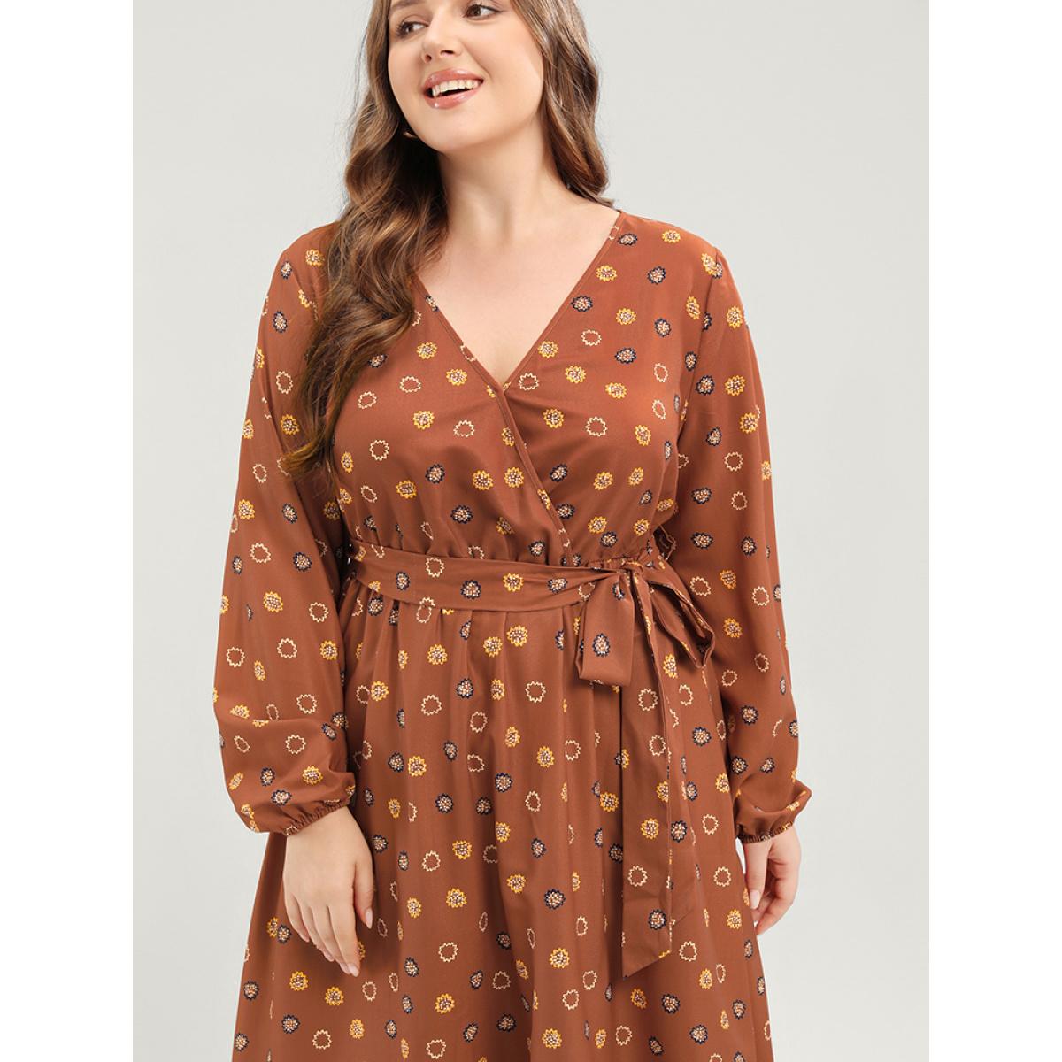 Plus Size Polka Dot Lantern Sleeve Pocket Belted Surplice Neck Maxi Dress Bronze Women Vacation V-neck Long Sleeve Curvy Long Dress BloomChic 14-16/1X Product Image