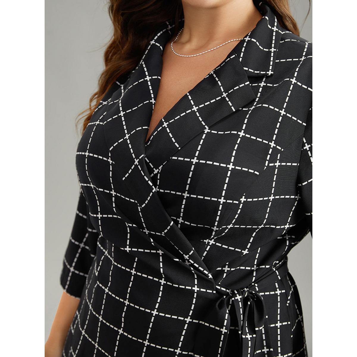 Plus Size Plaid Suit Collar Pocket Ties Wrap Dress Black Women Office Wrap Suit Collar Elbow-length sleeve Curvy Midi Dress BloomChic 18-20/2X Product Image