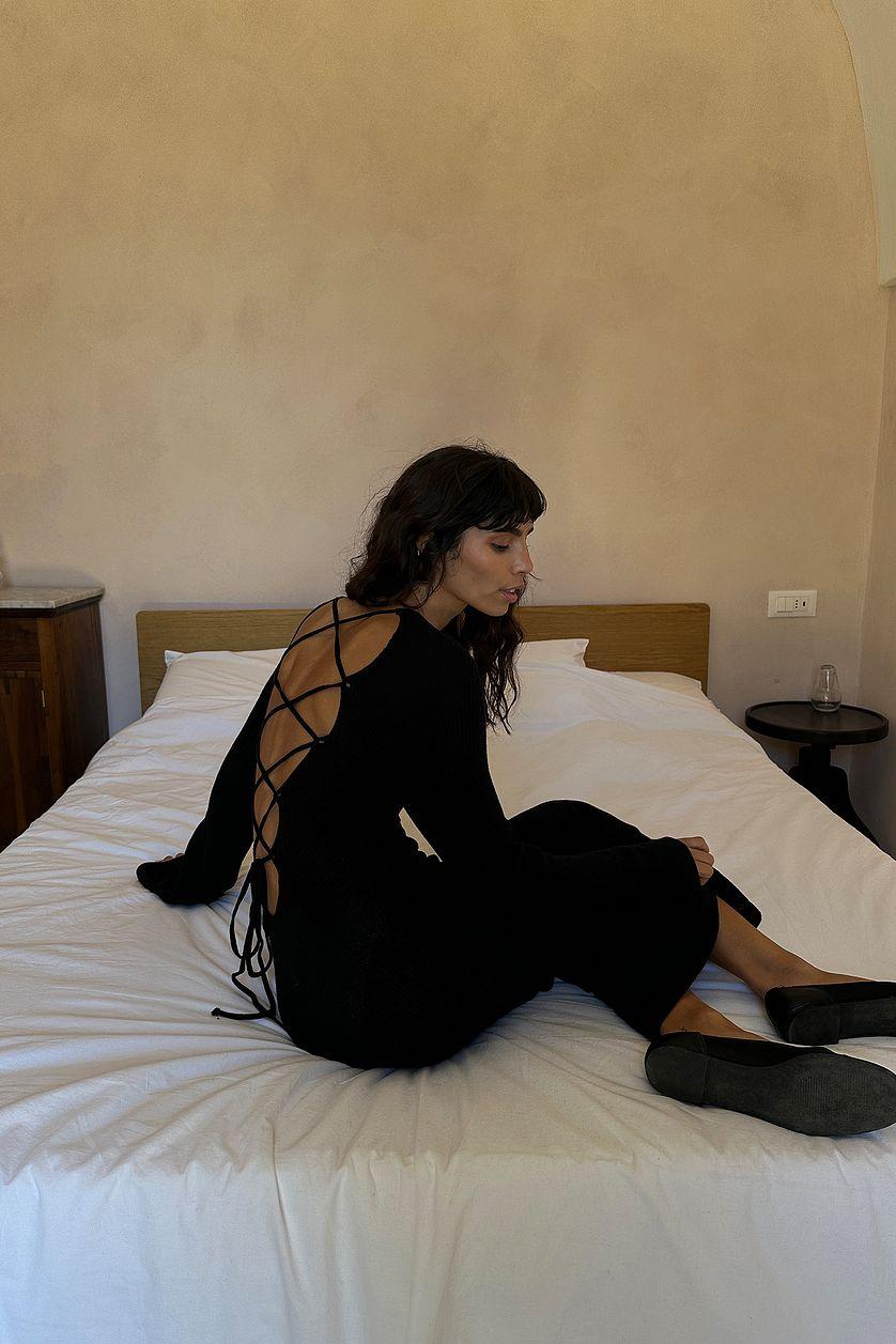 Open Back Lace Detail Knitted Maxi Dress Beige Product Image