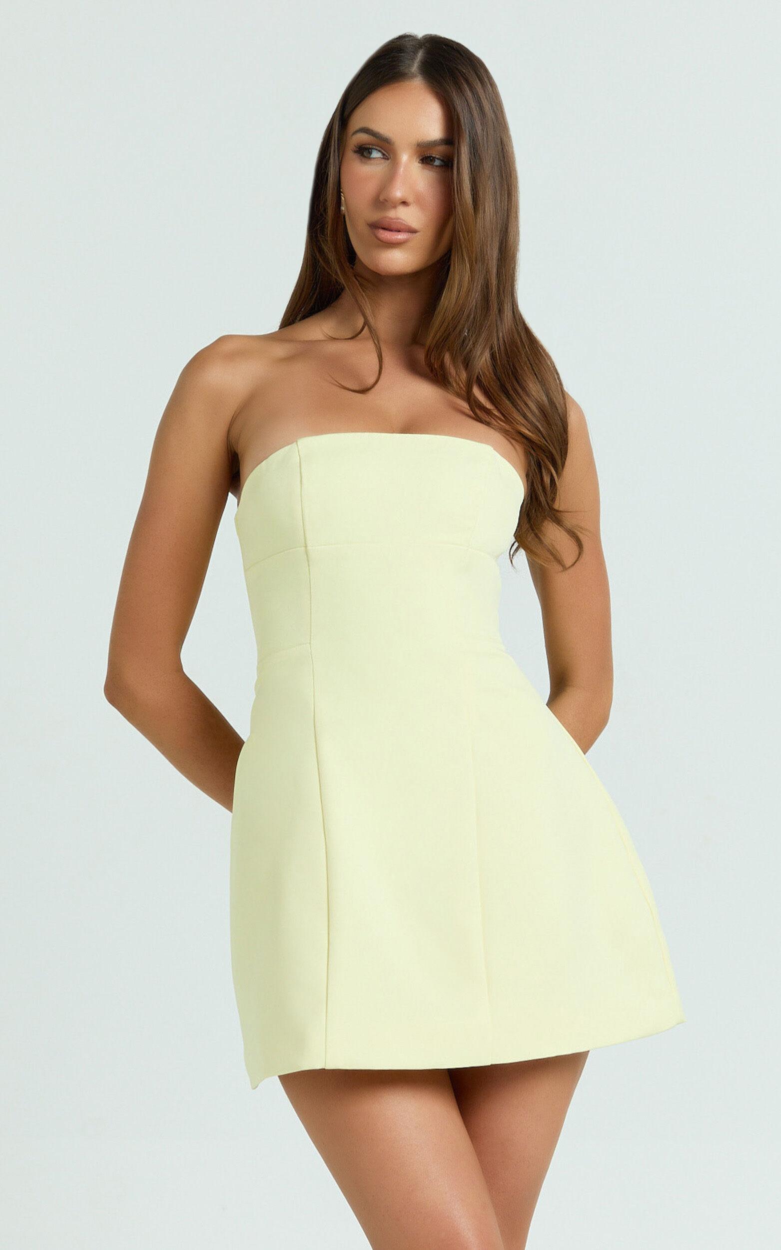 Catharine Mini Dress - Strapless A Line Dress in Lemon Product Image