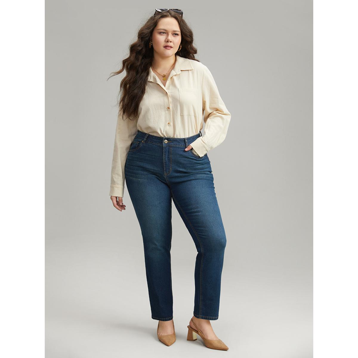 Plus Size Plain Straight Leg Zipper Fly Jeans Women Indigo Casual Plain Pocket High stretch Pocket Jeans BloomChic 24/3X Product Image