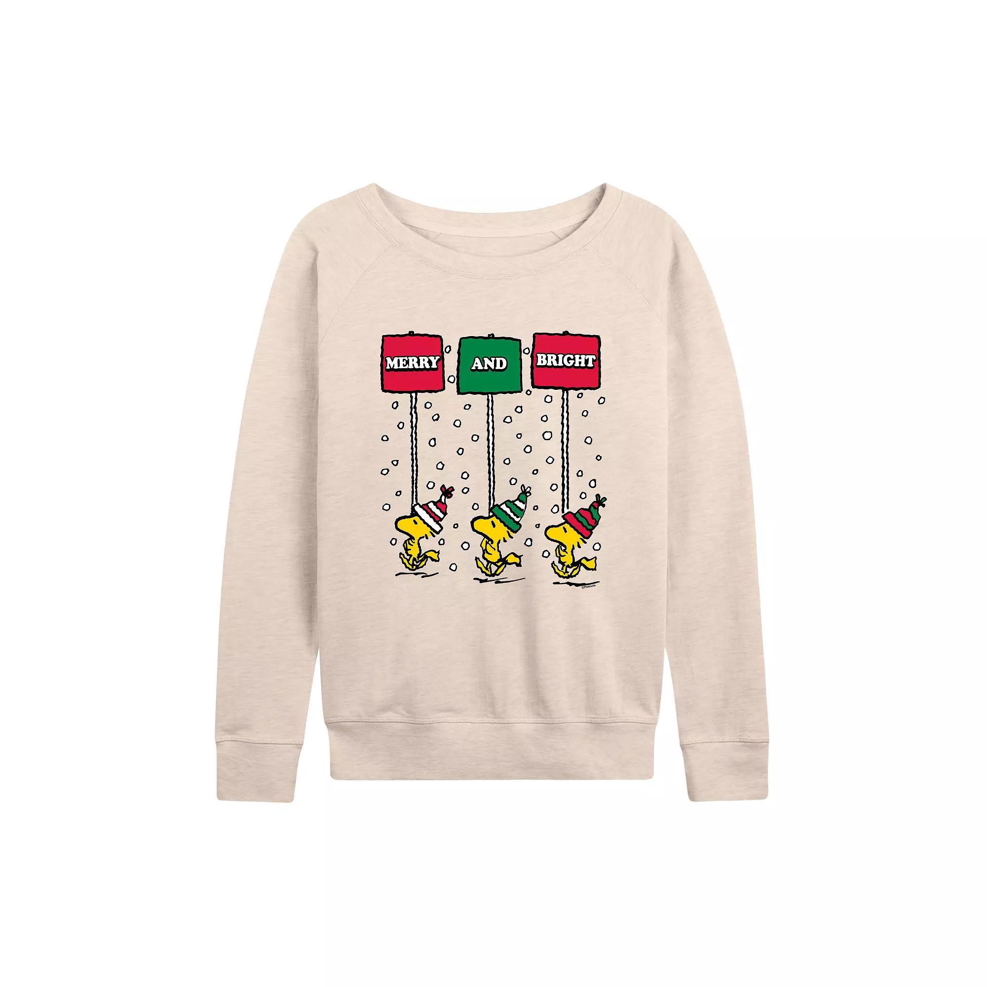 Women's Peanuts Merry & Bright French Terry Long Sleeve Tee, Size: XL, Beige Product Image