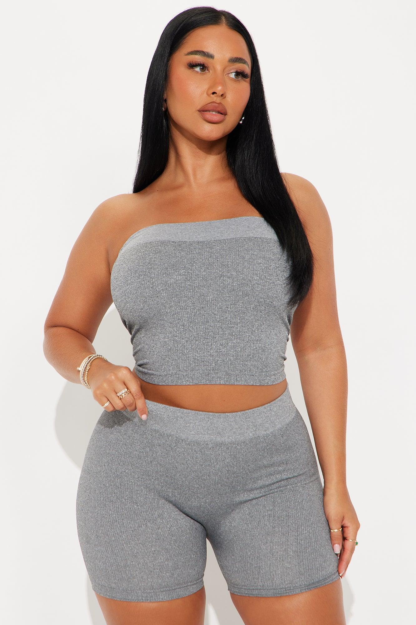 Off Duty Seamless Tube Top Biker Short Set - Grey Product Image