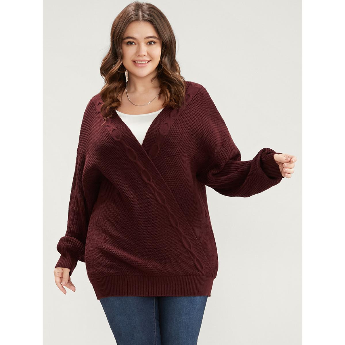 Plus Size Solid Pointelle Knit Surplice Neck Cable Knit Top Scarlet Women Elegant Loose Long Sleeve Overlap Collar Dailywear Pullovers BloomChic 12/L Product Image